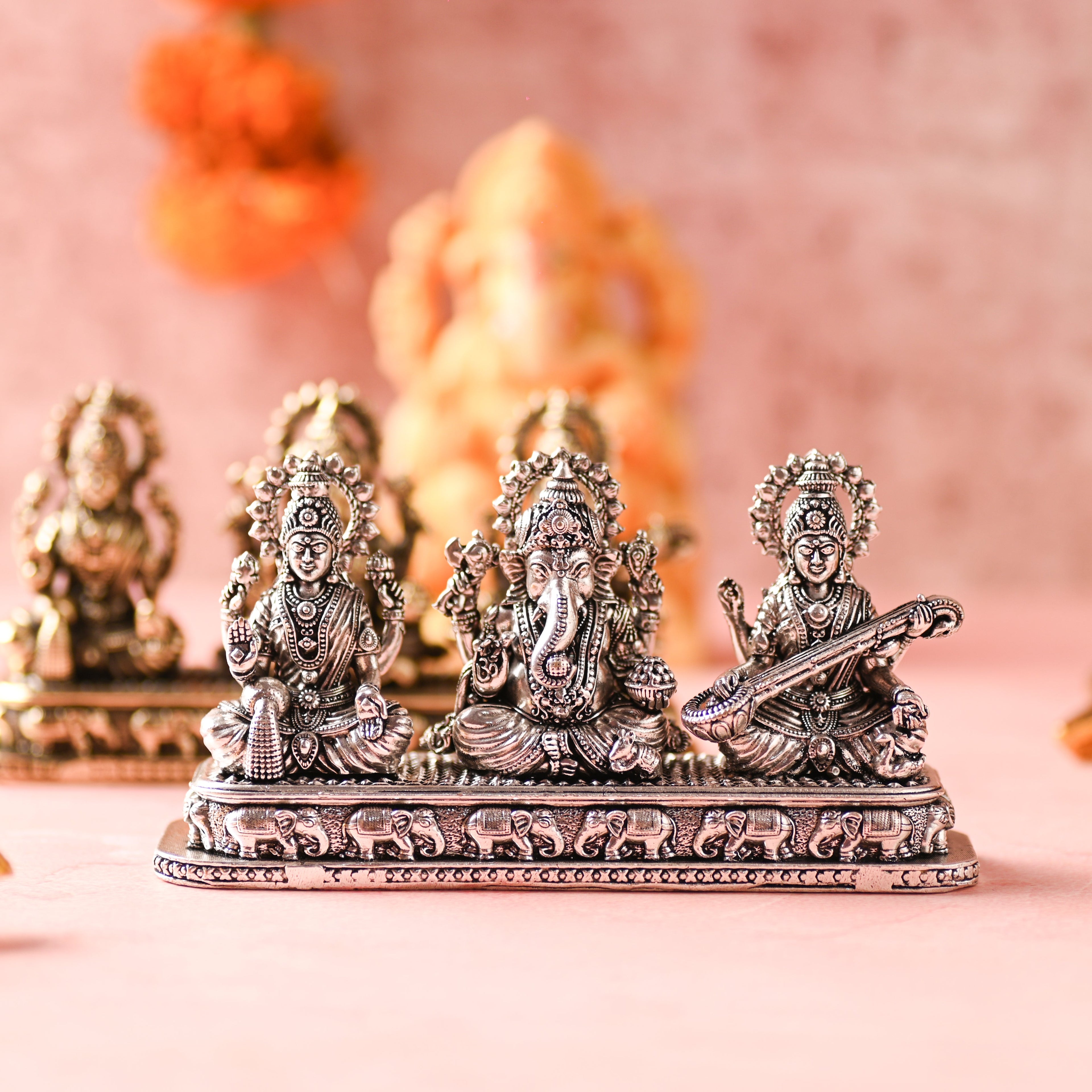 Brass Ganesha, Lakshmi & Saraswati Sitting Lightweight Idols (3 Inch) Vedansh Craft