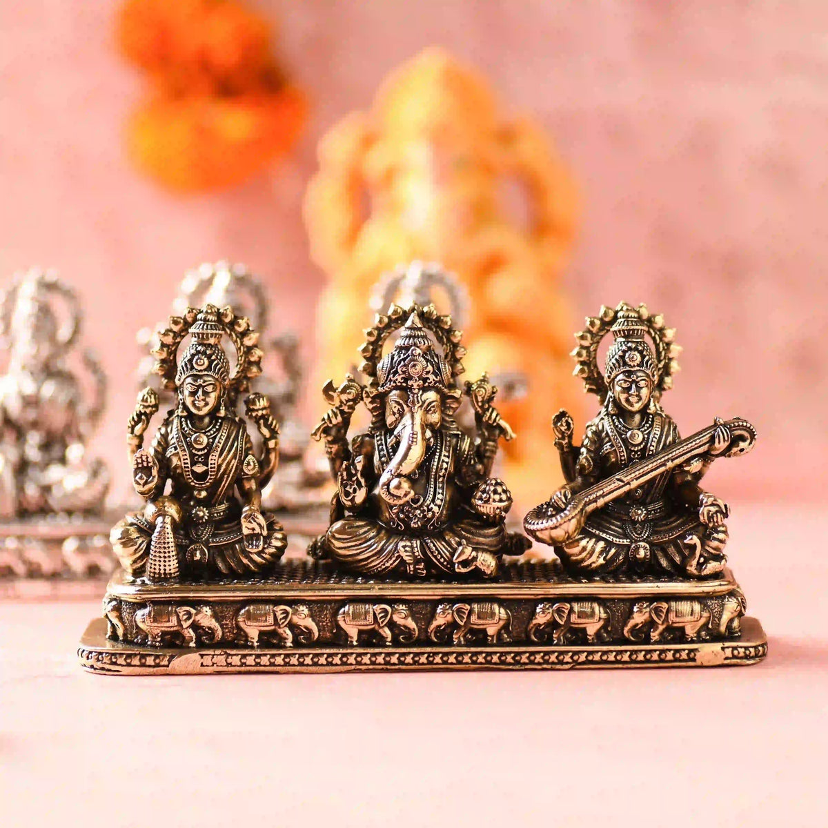 Brass Ganesha, Lakshmi & Saraswati Sitting Lightweight Idols (3 Inch) Vedansh Craft
