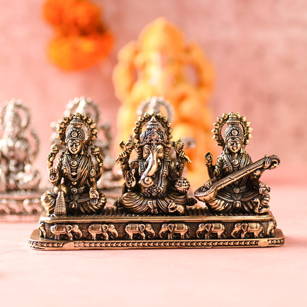 Brass Ganesha, Lakshmi & Saraswati Sitting Lightweight Idols (3 Inch) Vedansh Craft