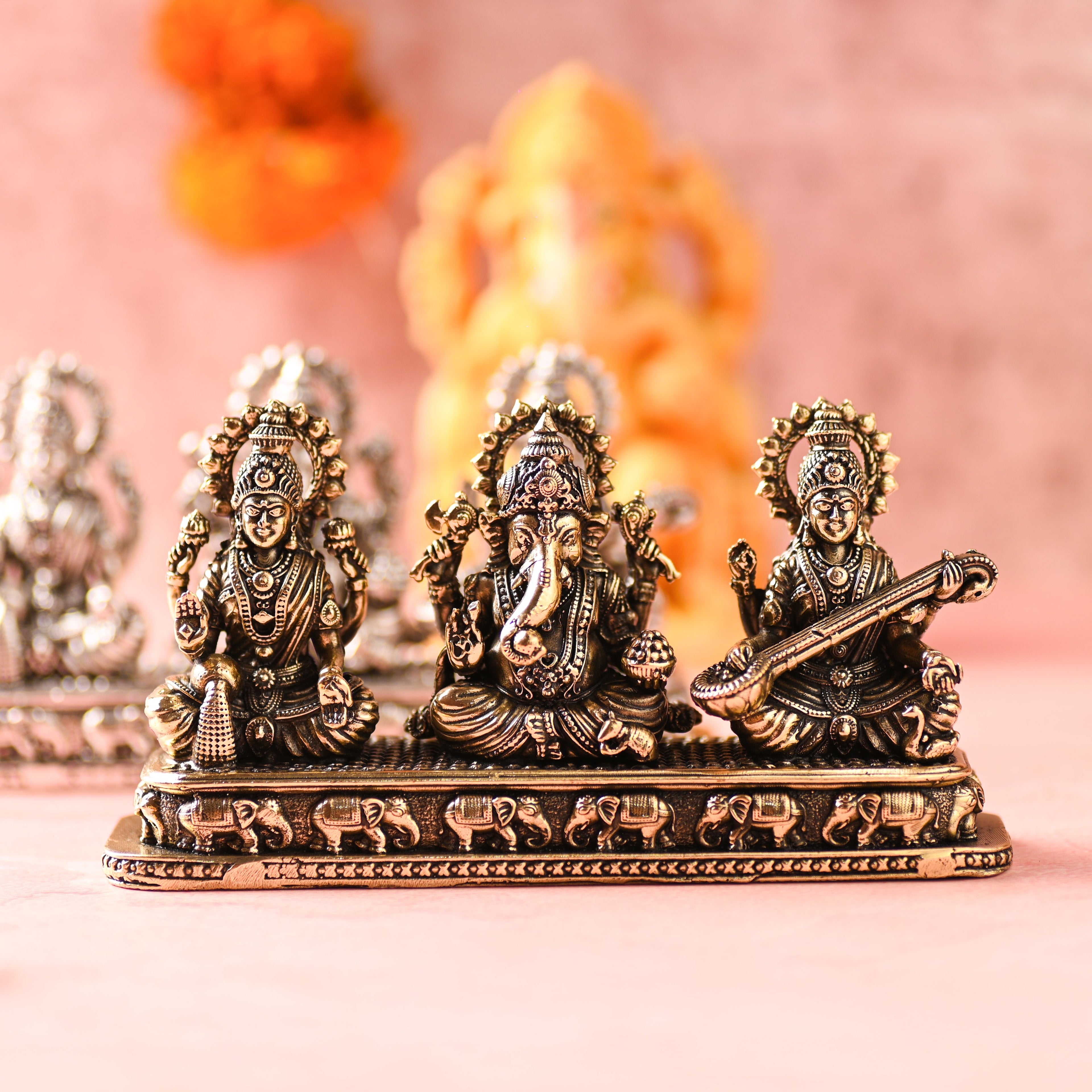 Brass Ganesha, Lakshmi & Saraswati Sitting Lightweight Idols (3 Inch) Vedansh Craft