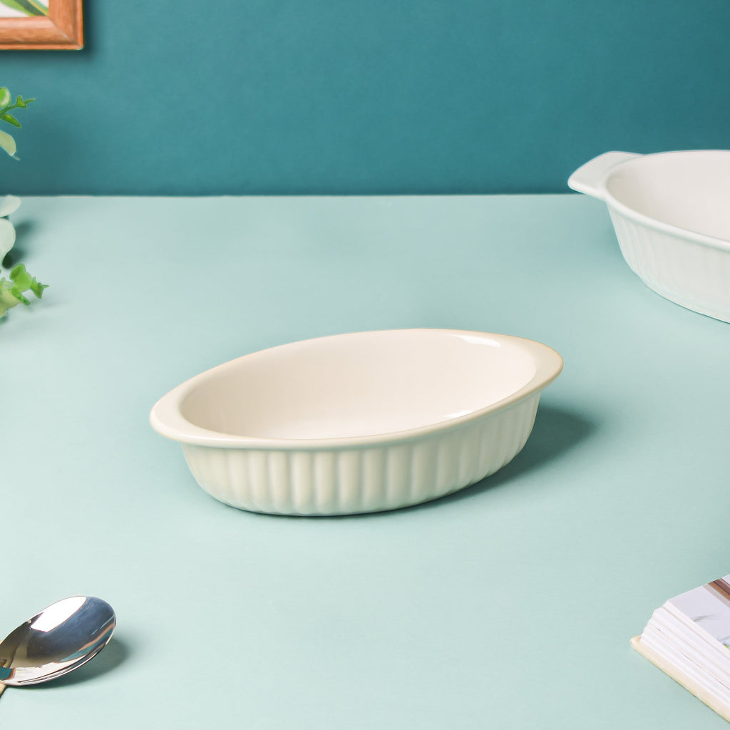 Riona Ribbed Ceramic Baking Dish White 7 Inch Nestasia