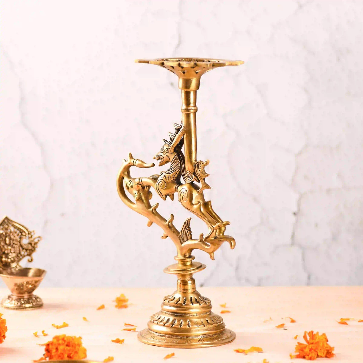 Brass Yali/kirtimukha Candle Stand (12.5 Inch) Vedansh Craft