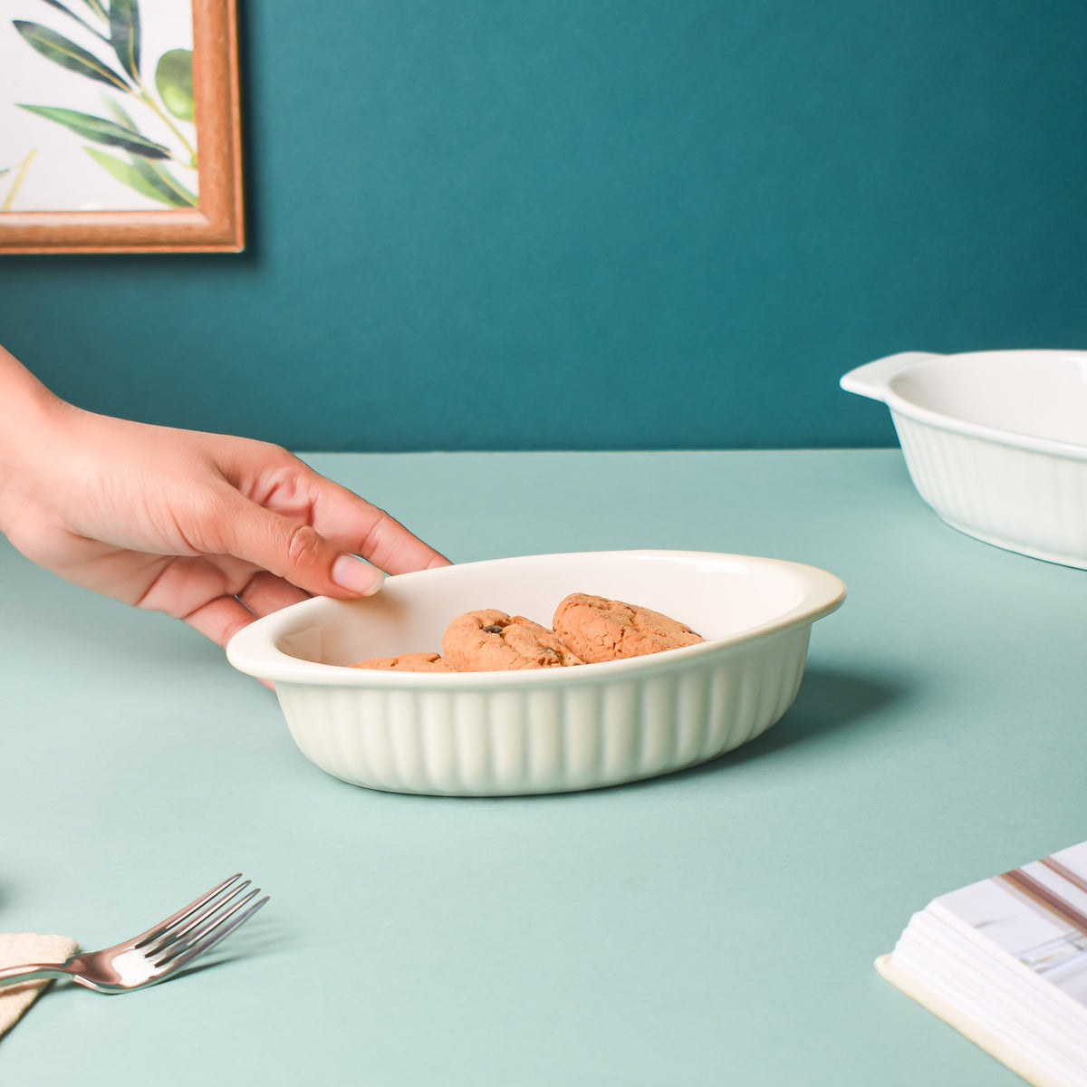 Riona Ribbed Ceramic Baking Dish White 7 Inch Nestasia