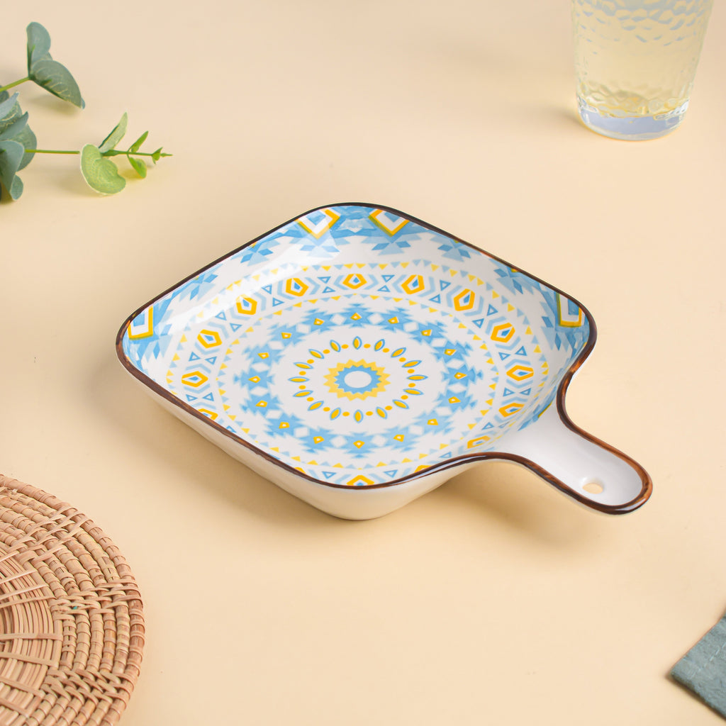 Mandala Yellow Diamonds Square Snack Plate With Handle Nestasia