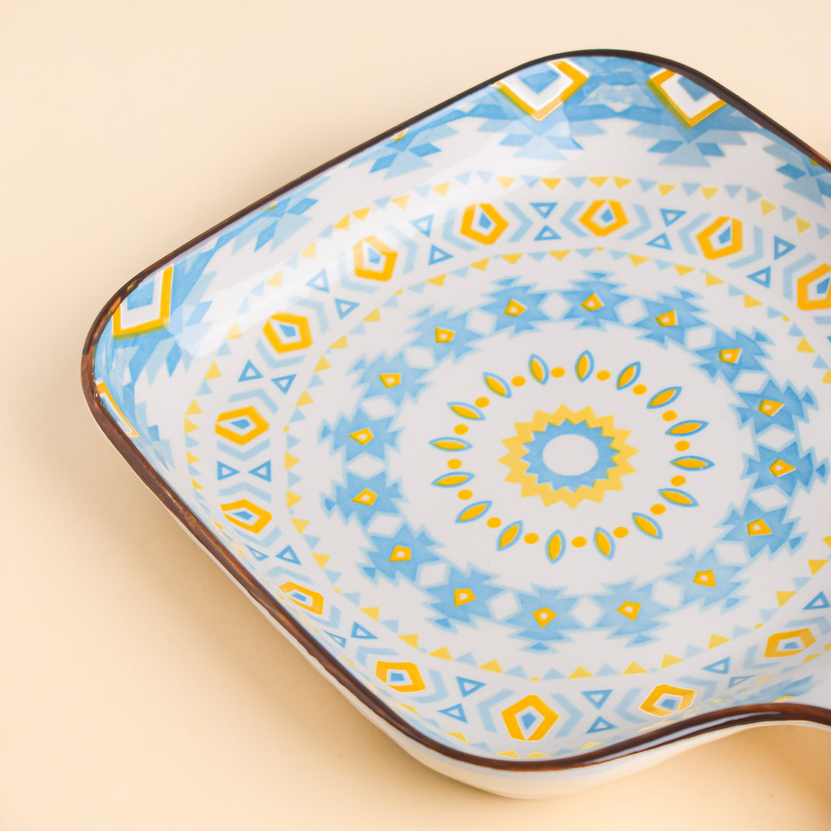 Mandala Yellow Diamonds Square Snack Plate With Handle Nestasia
