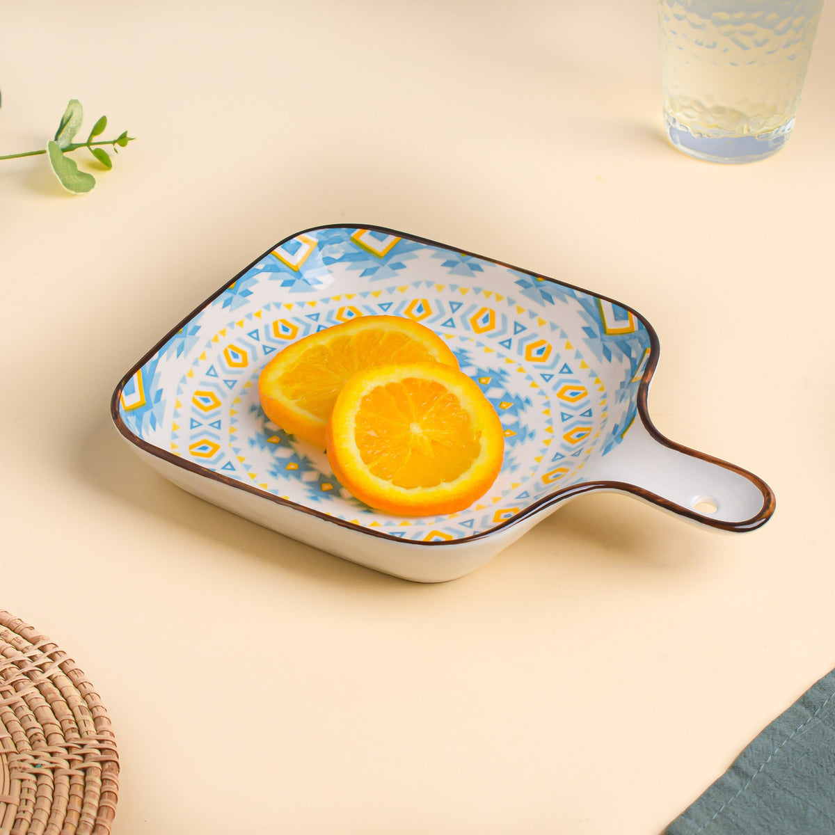 Mandala Yellow Diamonds Square Snack Plate With Handle Nestasia