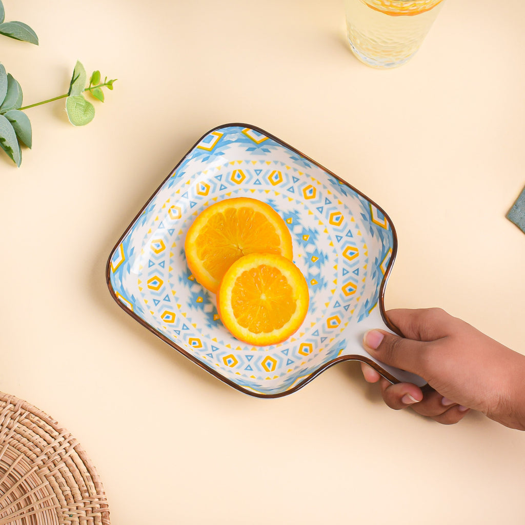 Mandala Yellow Diamonds Square Snack Plate With Handle Nestasia