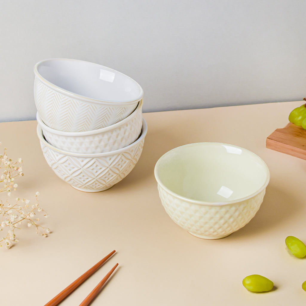 Riona Diamond Ceramic Bowl For Dessert Off White 300 ml Nestasia