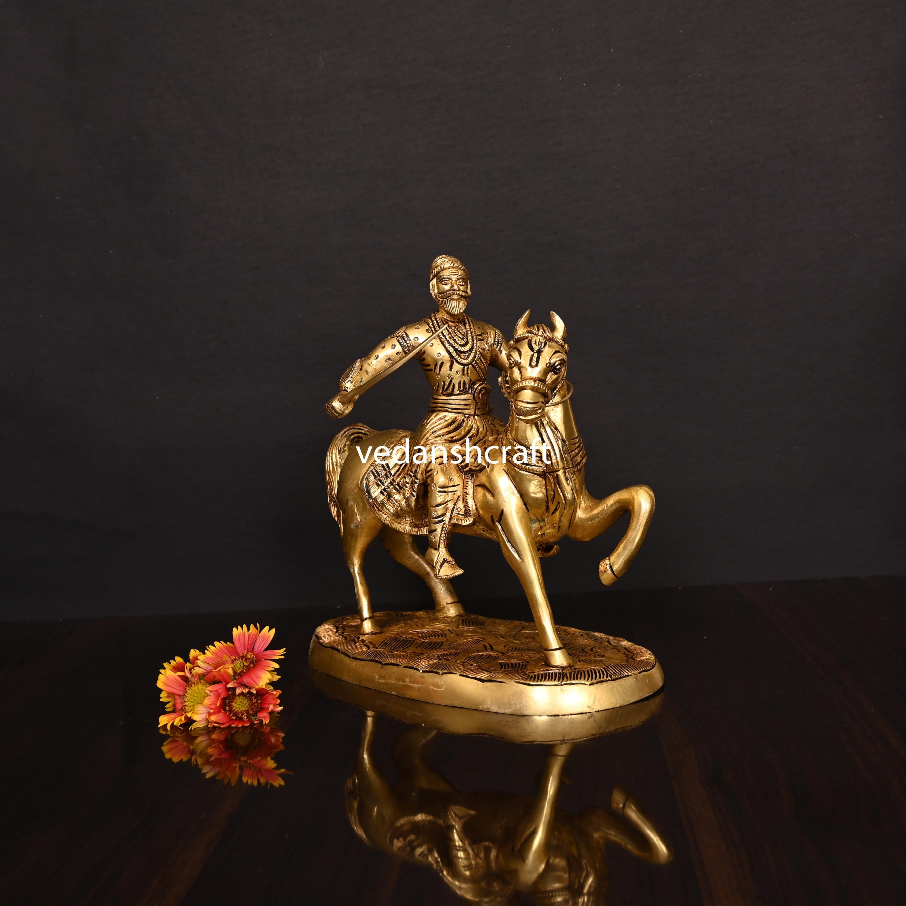 Brass Chatrapati Shivaji Maharaj On Horse Statue (9 Inch) Vedansh Craft