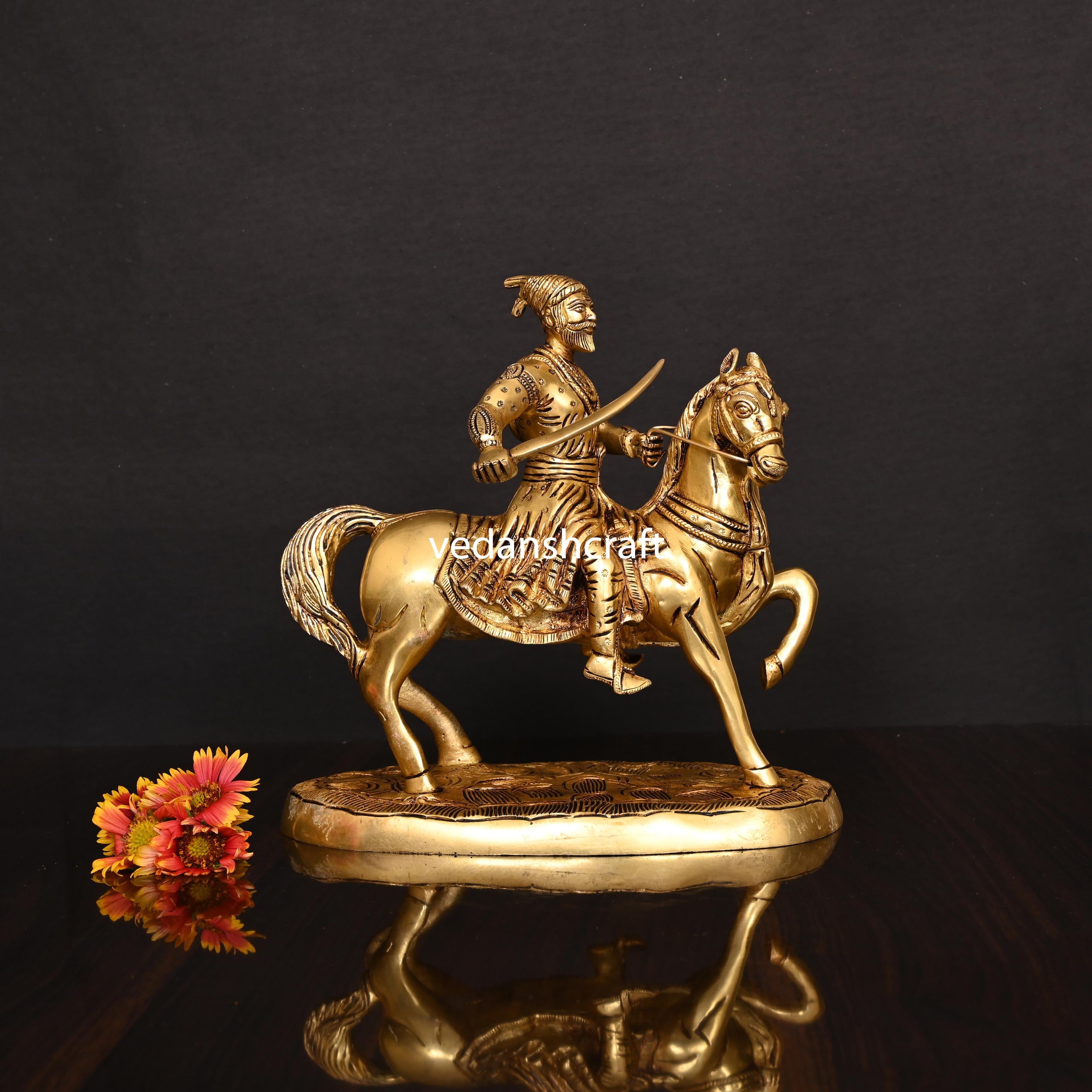 Brass Chatrapati Shivaji Maharaj On Horse Statue (9 Inch) Vedansh Craft