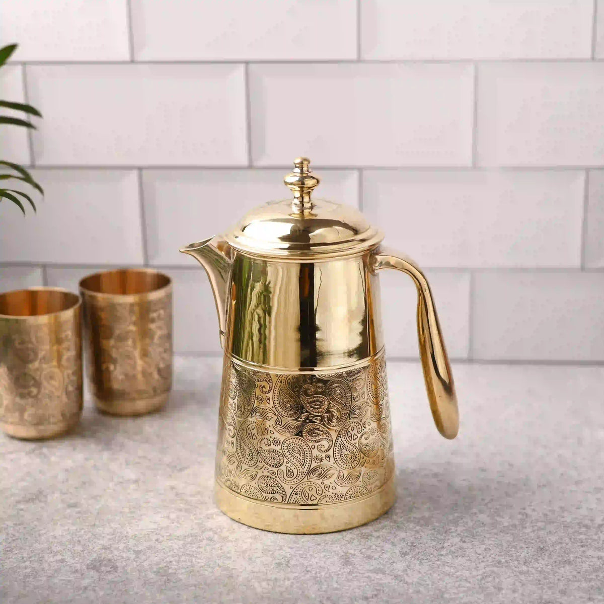 Brass Handcarved Water Jug With Lid Vedansh Craft