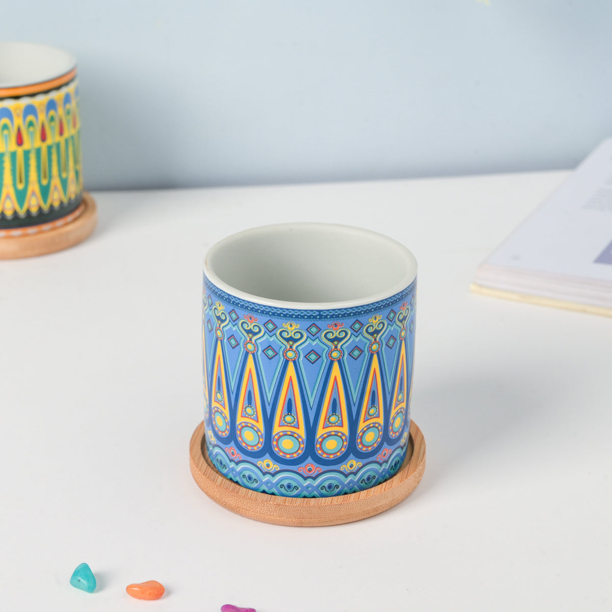 Beaming Blue Traditional Planter With Coaster Nestasia