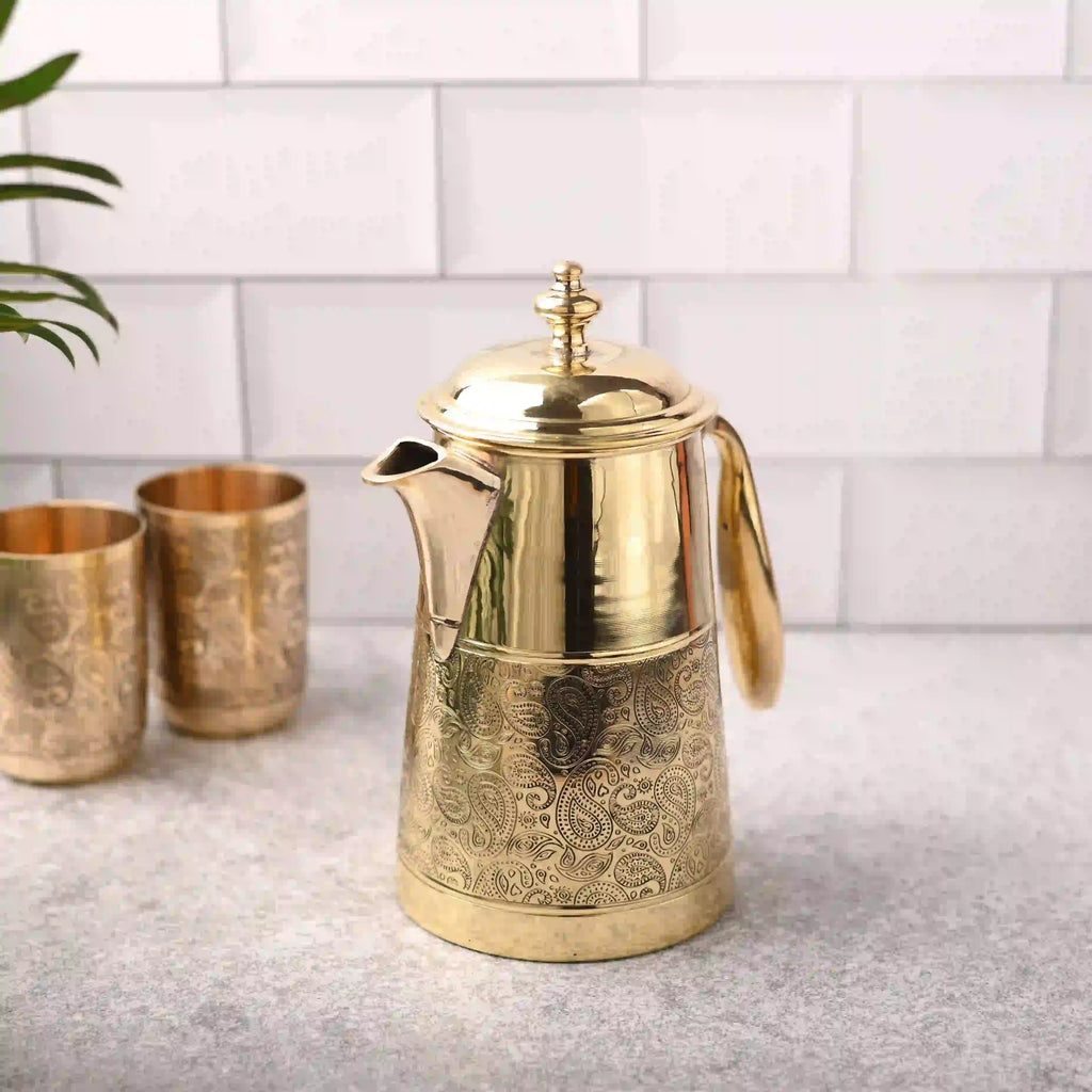 Brass Handcarved Water Jug With Lid Vedansh Craft