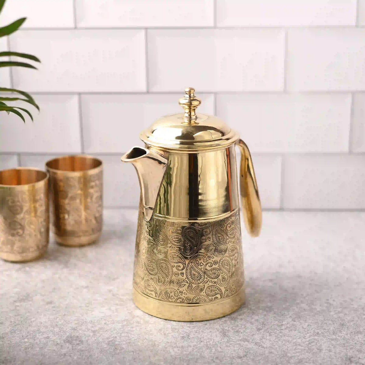 Brass Handcarved Water Jug With Lid Vedansh Craft
