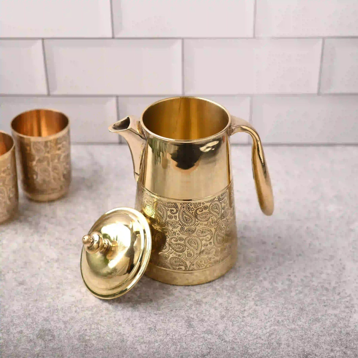 Brass Handcarved Water Jug With Lid Vedansh Craft
