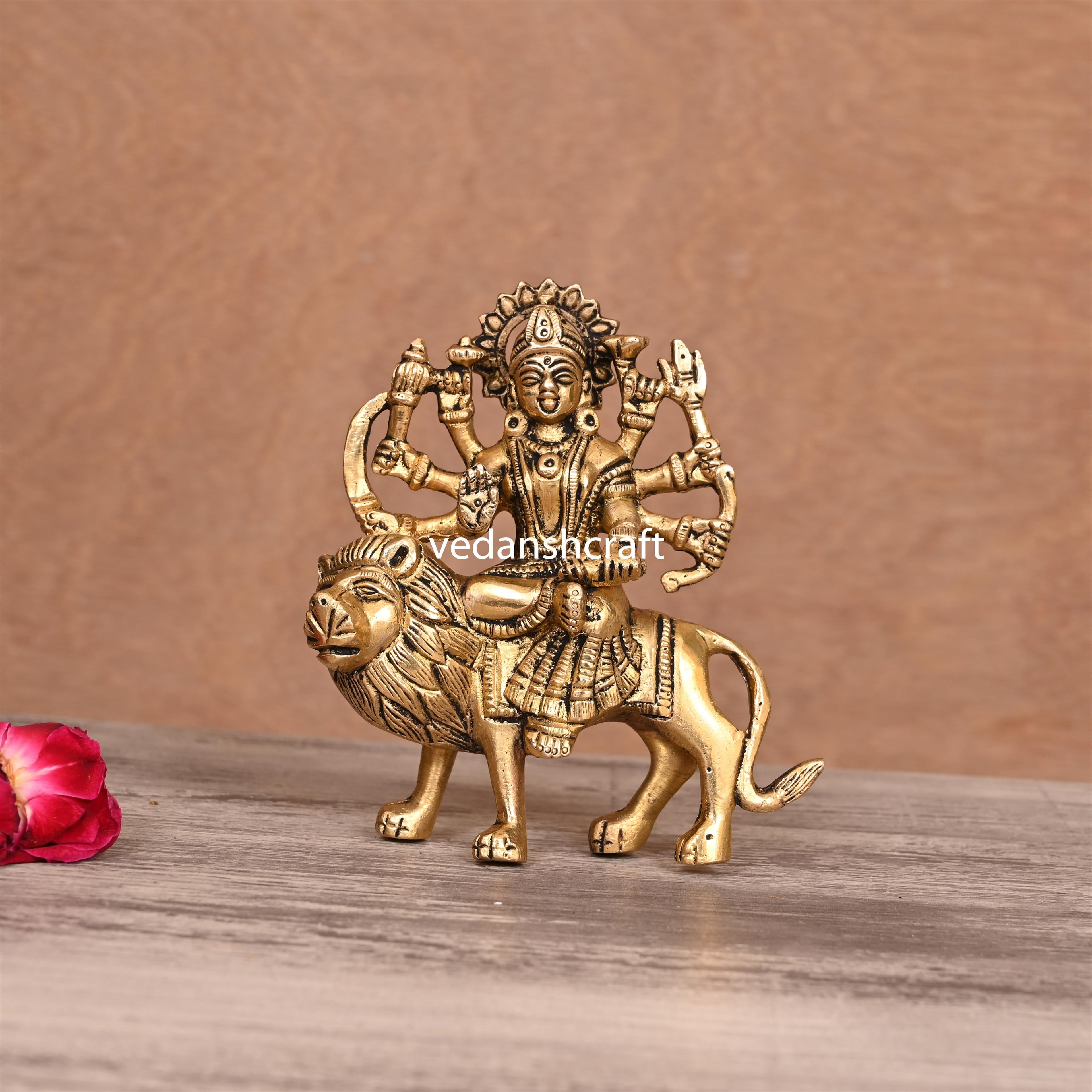 Brass Goddess Durga Sitting On Lion Idol (5"Inch) Vedansh Craft