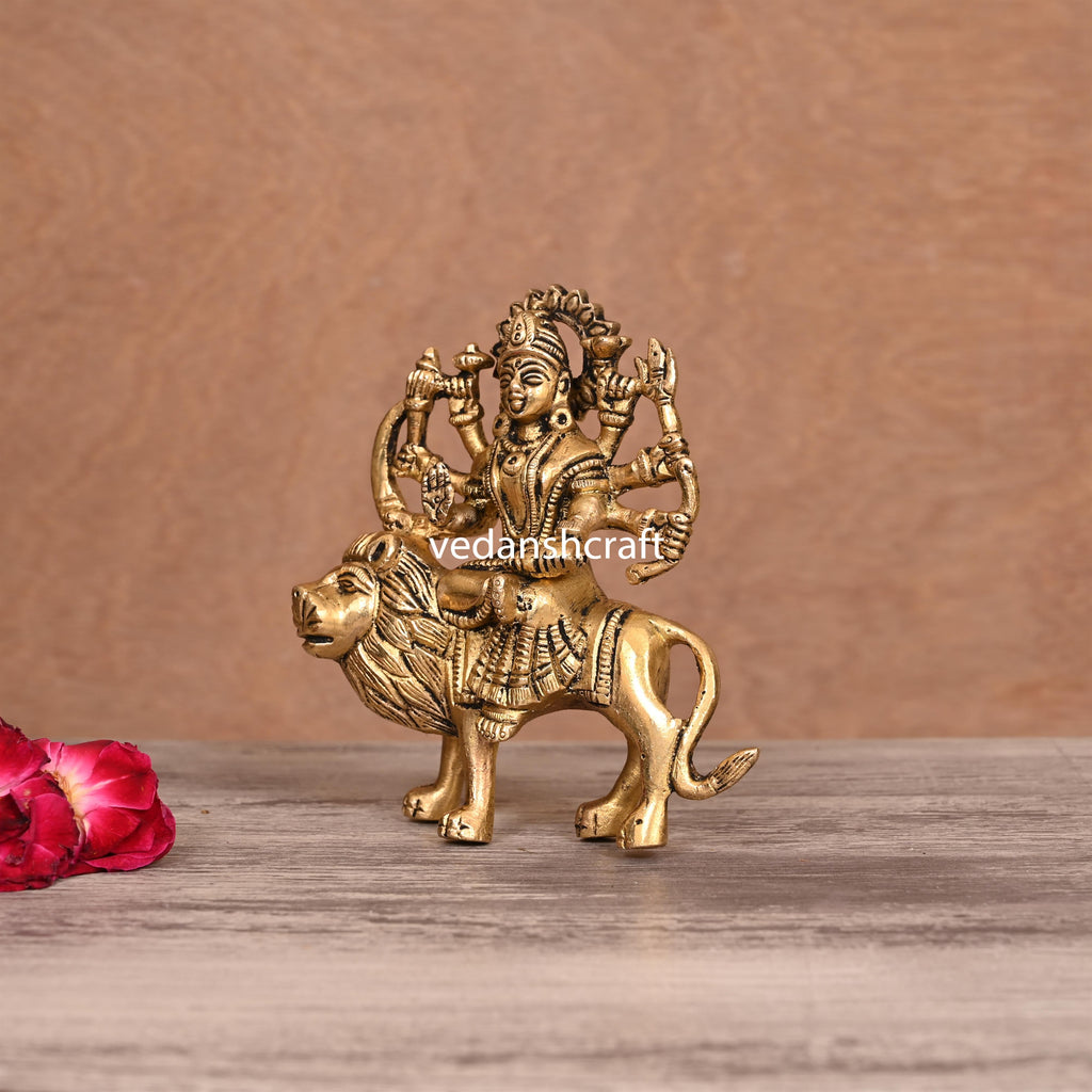 Brass Goddess Durga Sitting On Lion Idol (5"Inch) Vedansh Craft