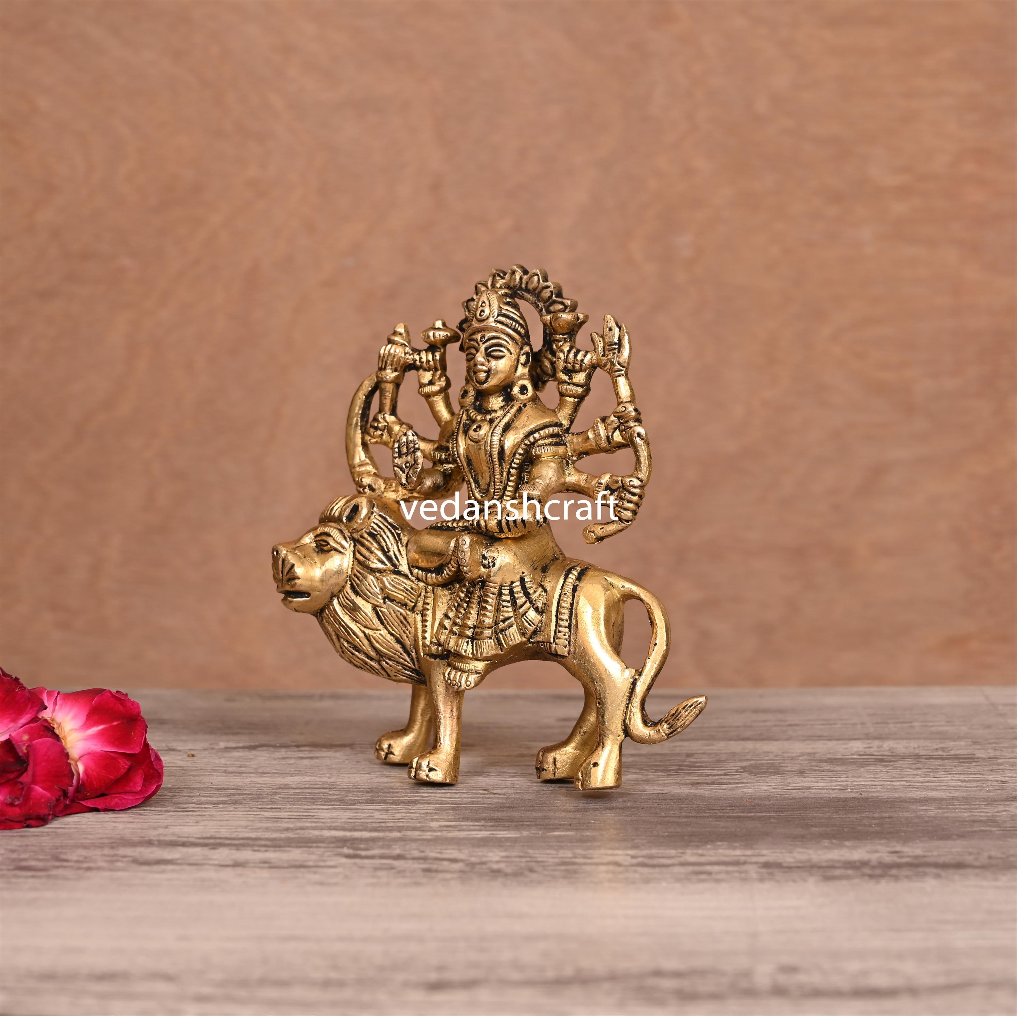 Brass Goddess Durga Sitting On Lion Idol (5"Inch) Vedansh Craft