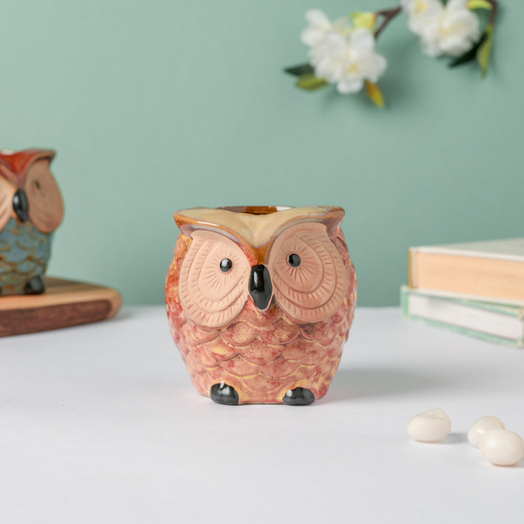Orange Owl Ceramic Planter With Wooden Coaster Nestasia