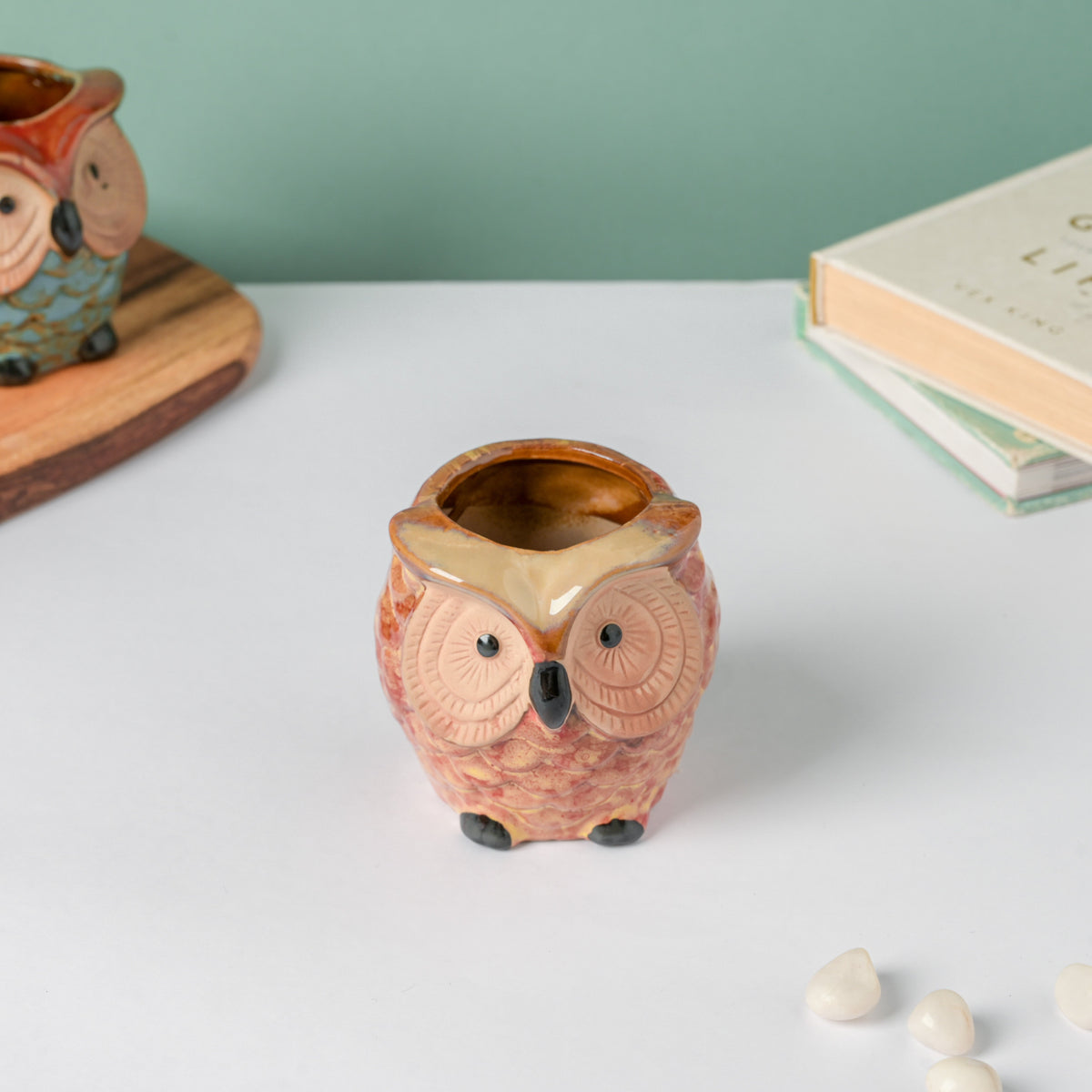 Orange Owl Ceramic Planter With Wooden Coaster Nestasia