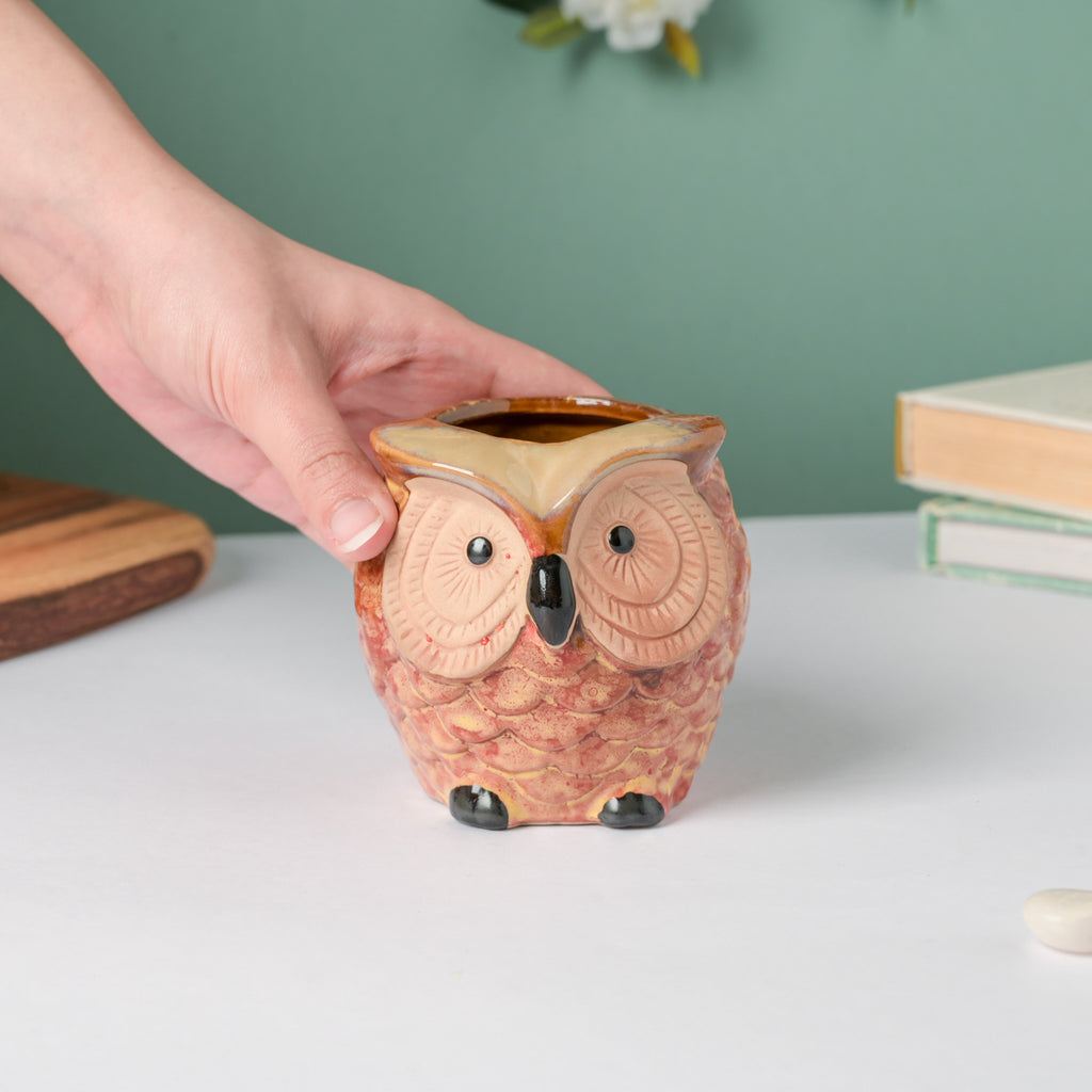 Orange Owl Ceramic Planter With Wooden Coaster Nestasia