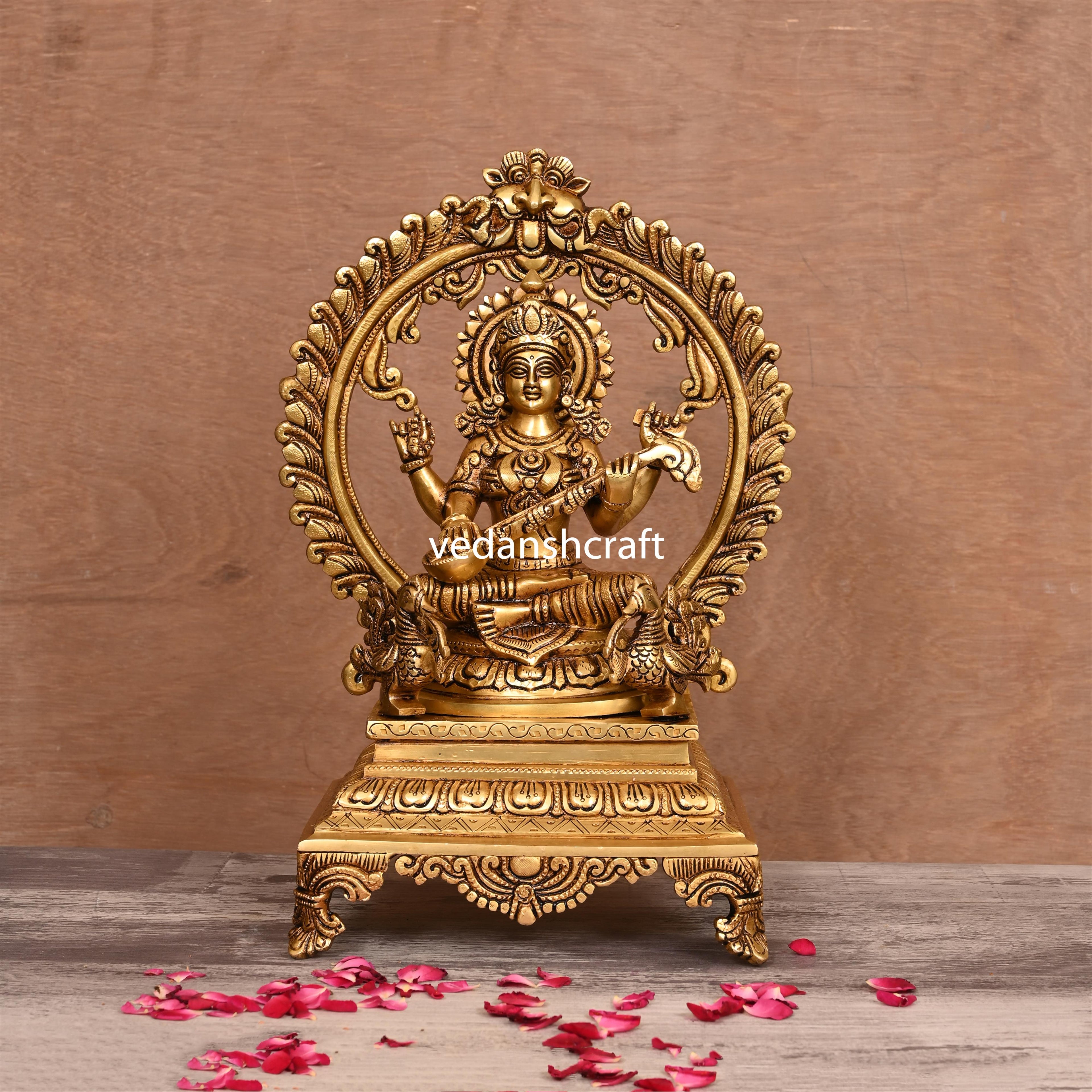 Brass Superfine Sitting Lakshmi, Ganesha And Saraswati On Throne Idol Set (14 Inch) Vedansh Craft