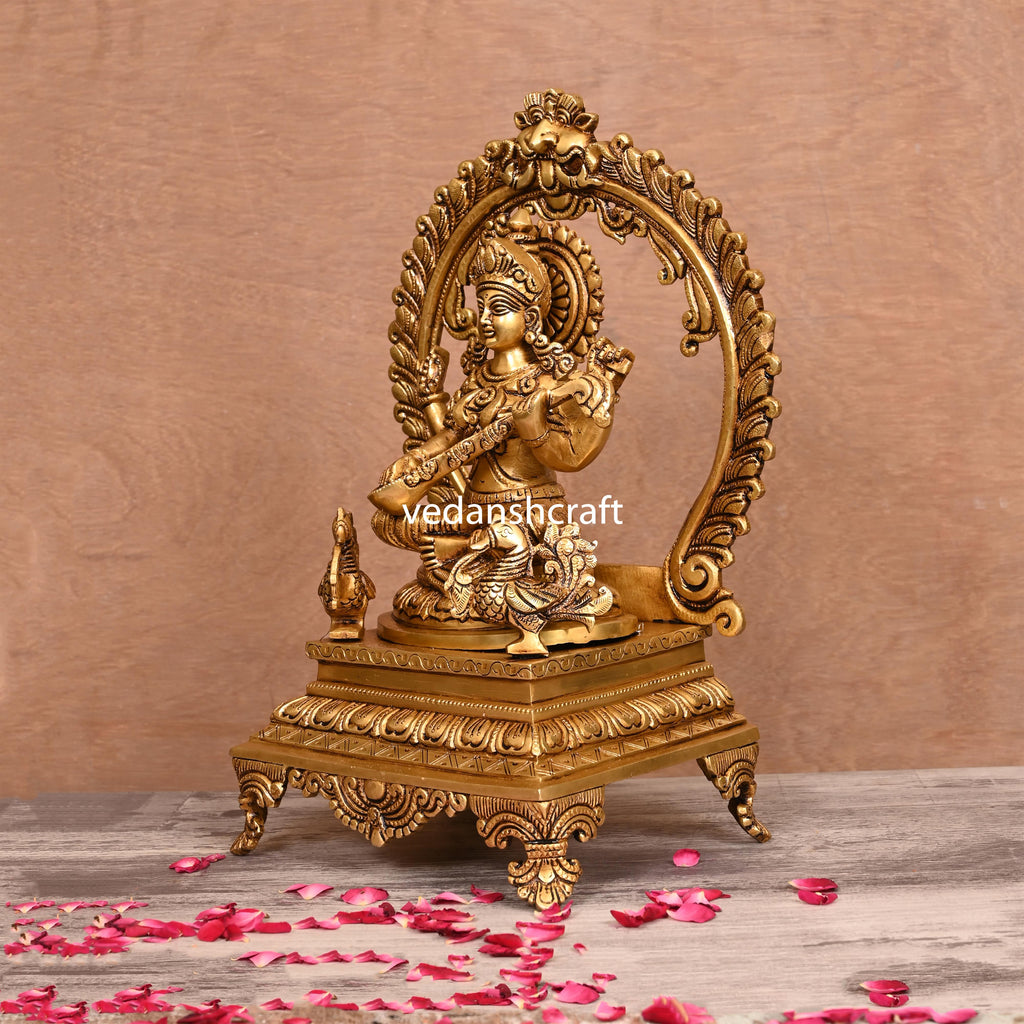 Brass Superfine Sitting Lakshmi, Ganesha And Saraswati On Throne Idol Set (14 Inch) Vedansh Craft