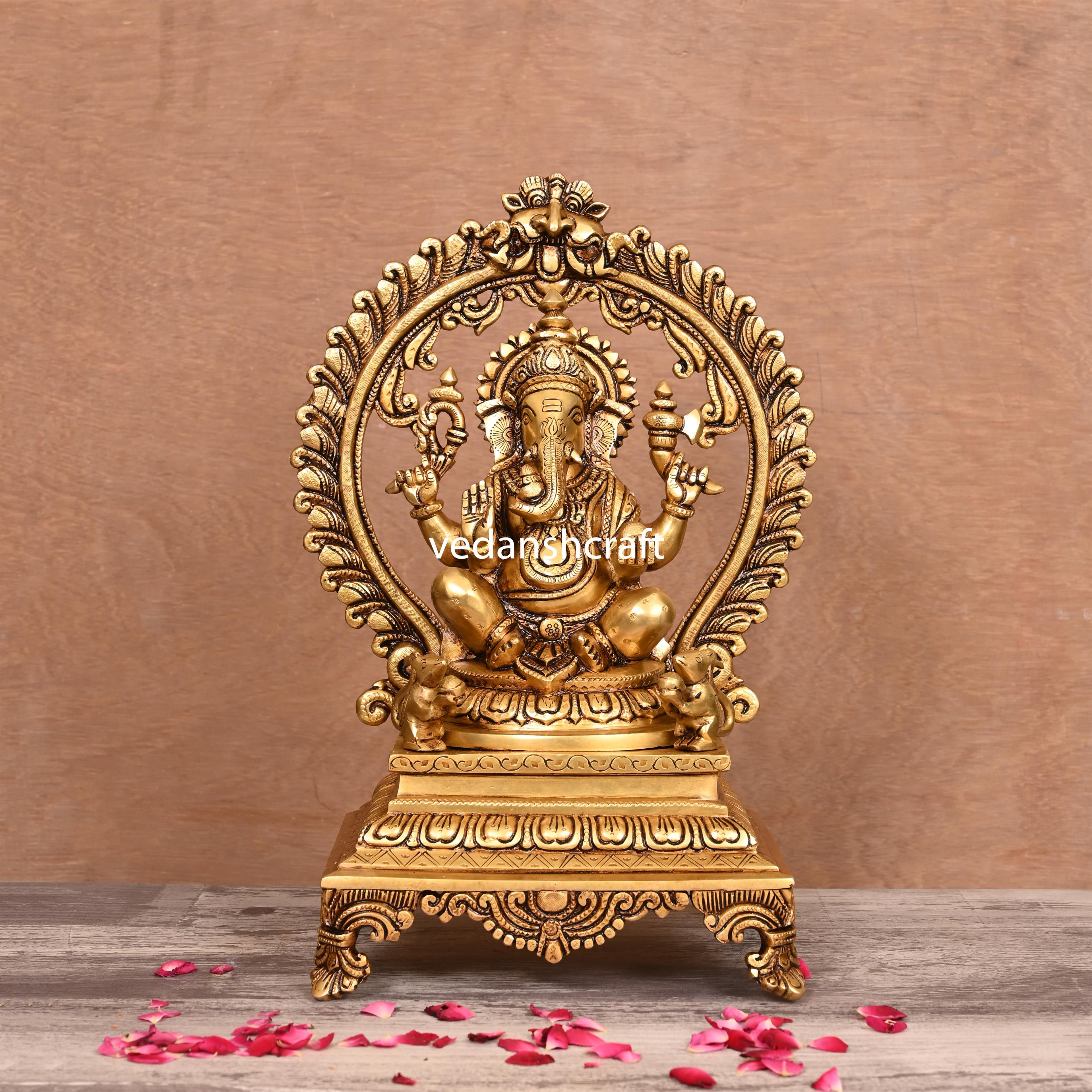 Brass Superfine Sitting Lakshmi, Ganesha And Saraswati On Throne Idol Set (14 Inch) Vedansh Craft