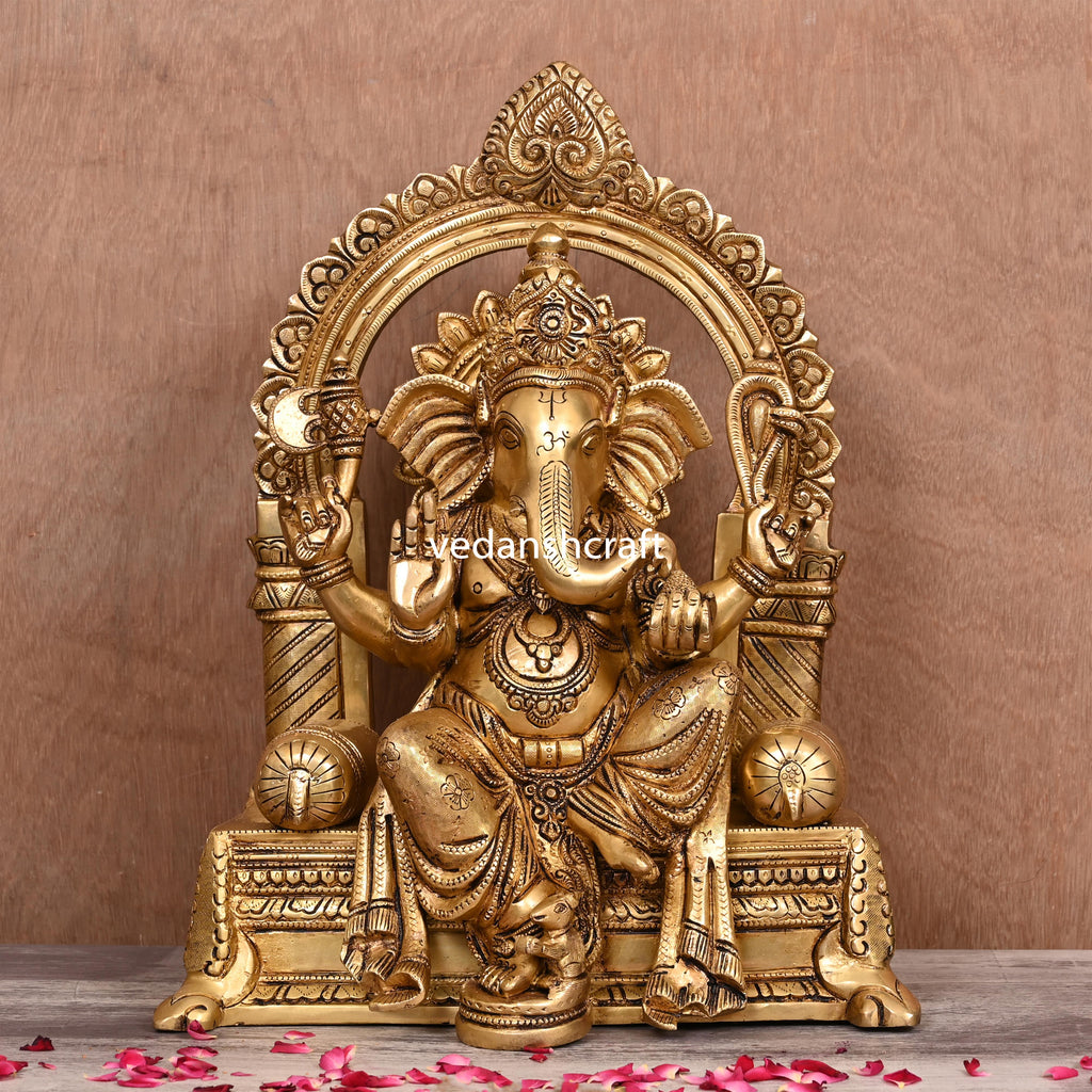 Brass Sitting Ganesha On Throne (Singhasan) Idol (16.5") Vedansh Craft