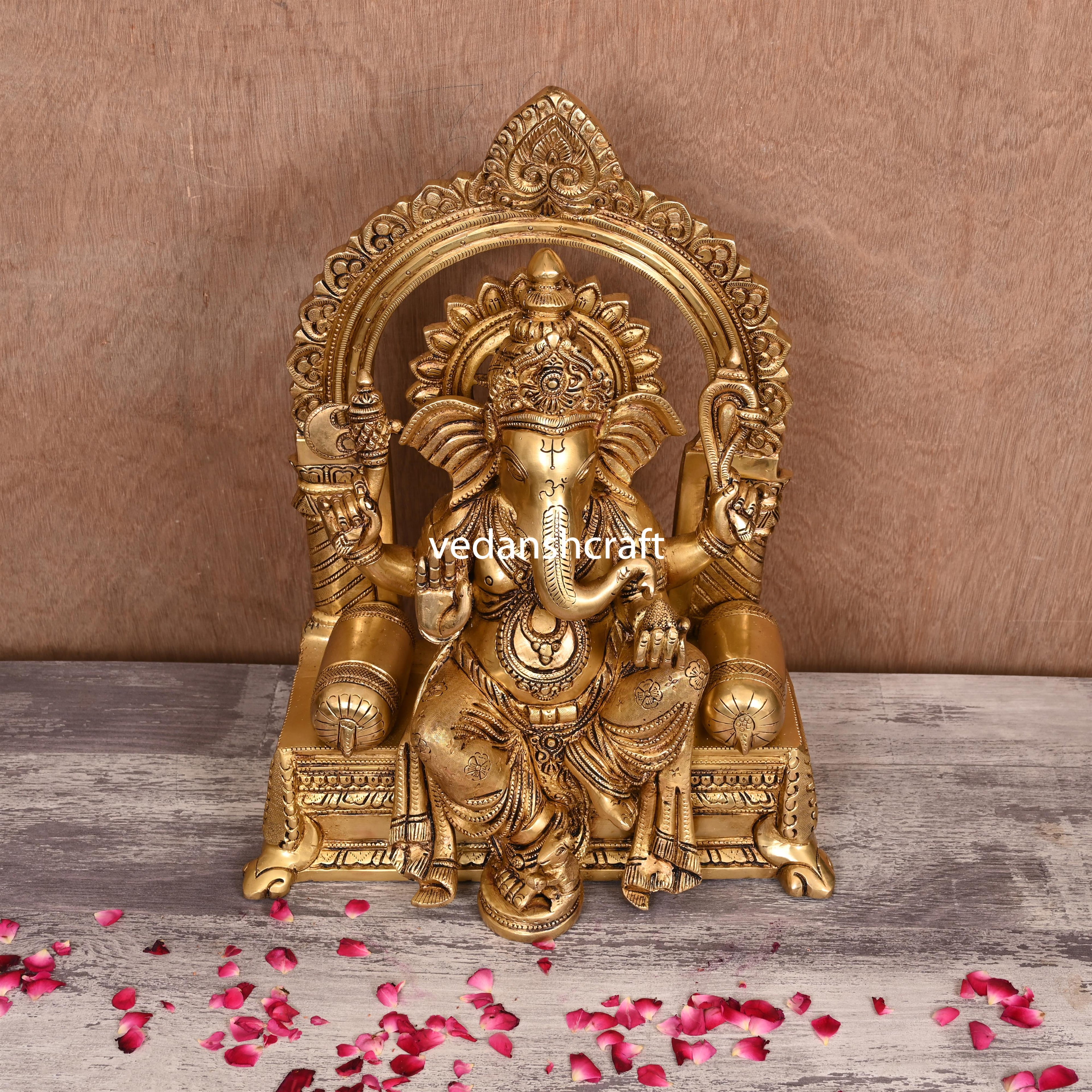 Brass Sitting Ganesha On Throne (Singhasan) Idol (16.5") Vedansh Craft