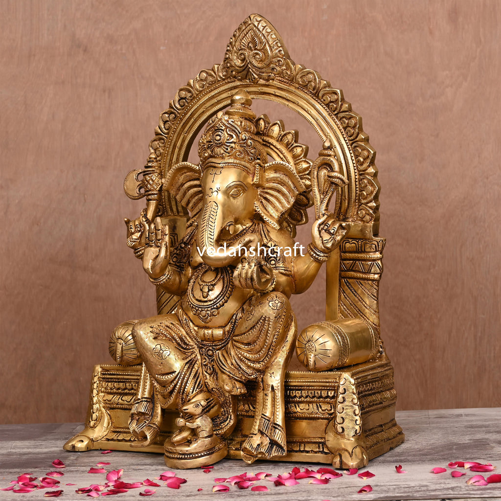 Brass Sitting Ganesha On Throne (Singhasan) Idol (16.5") Vedansh Craft