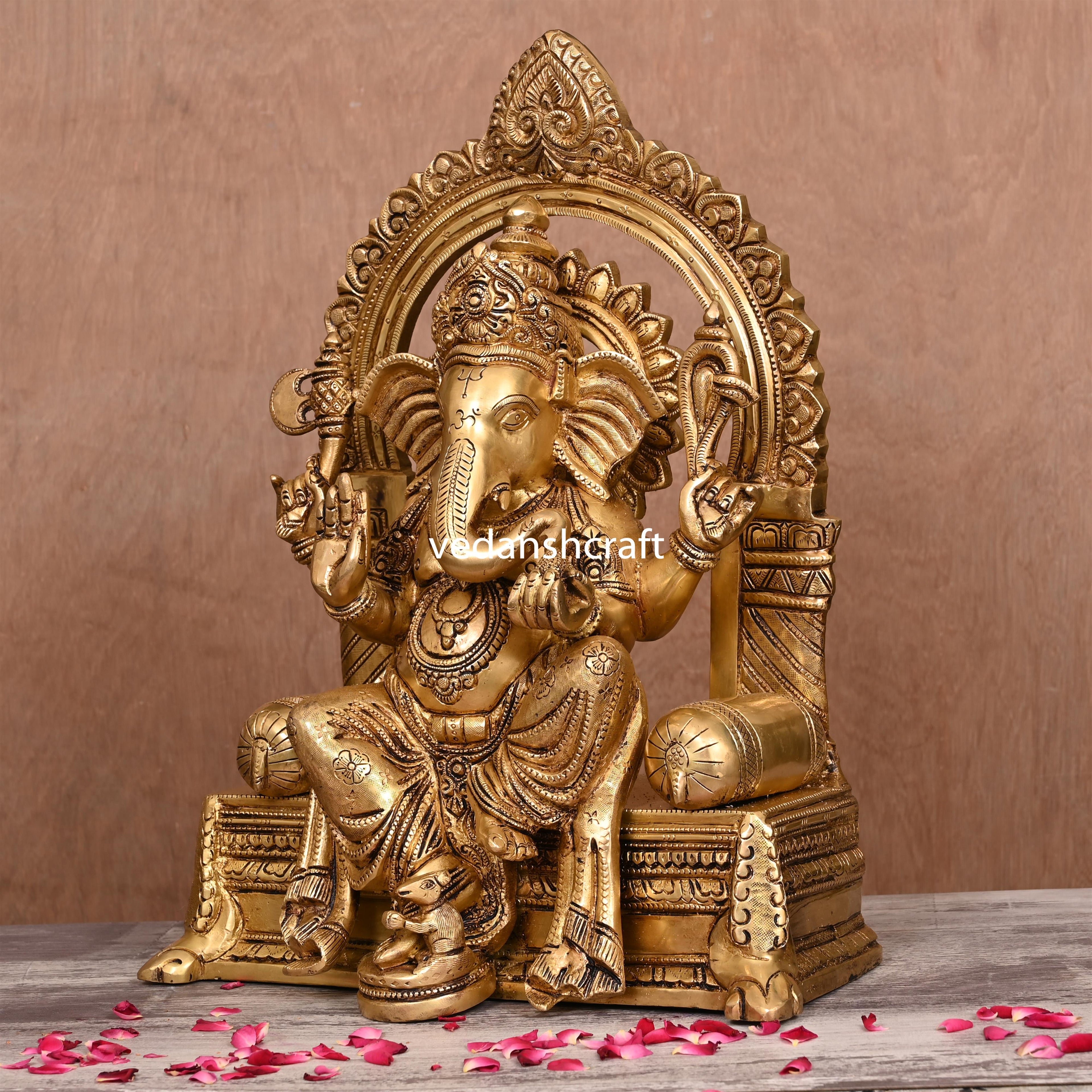 Brass Sitting Ganesha On Throne (Singhasan) Idol (16.5") Vedansh Craft