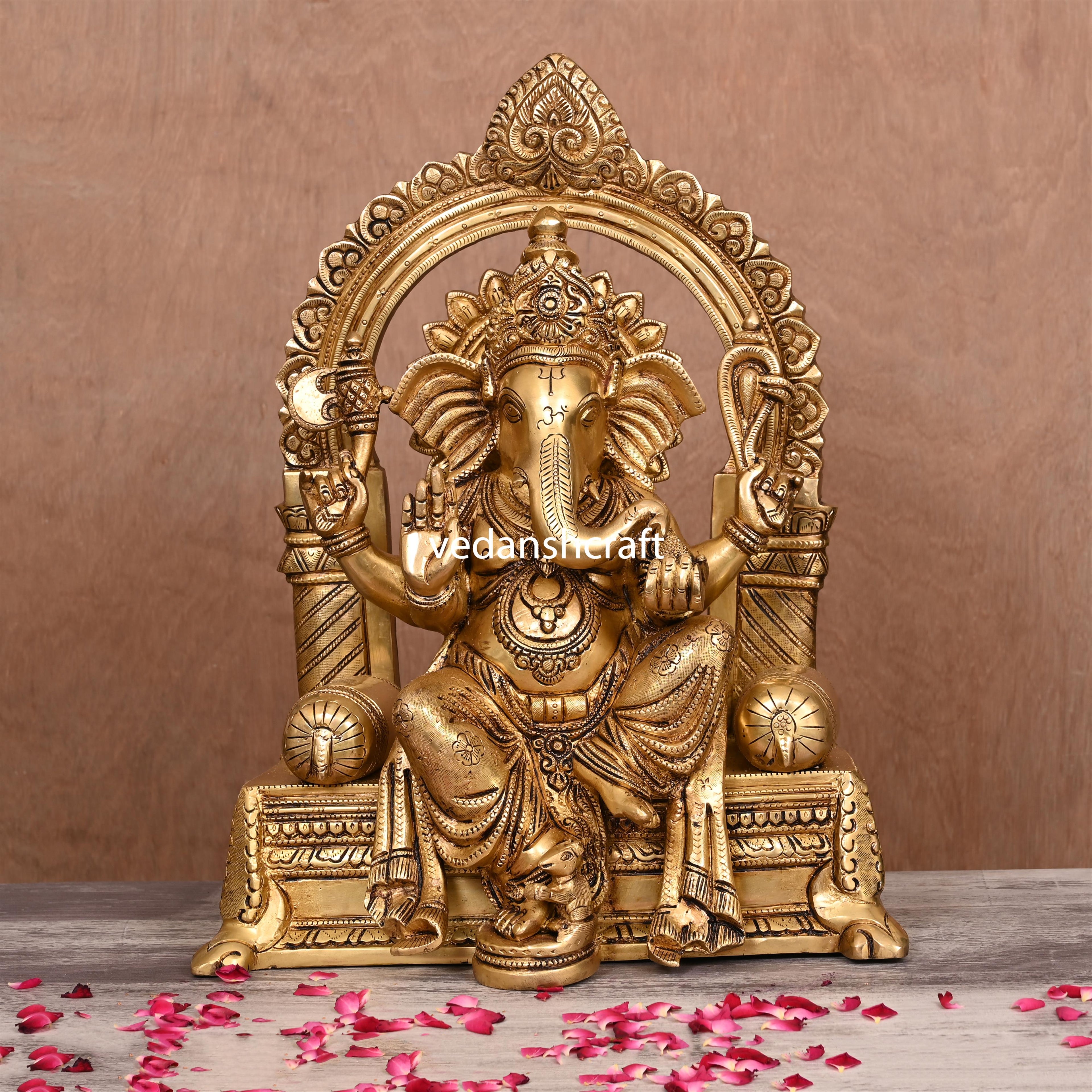 Brass Sitting Ganesha On Throne (Singhasan) Idol (16.5") Vedansh Craft