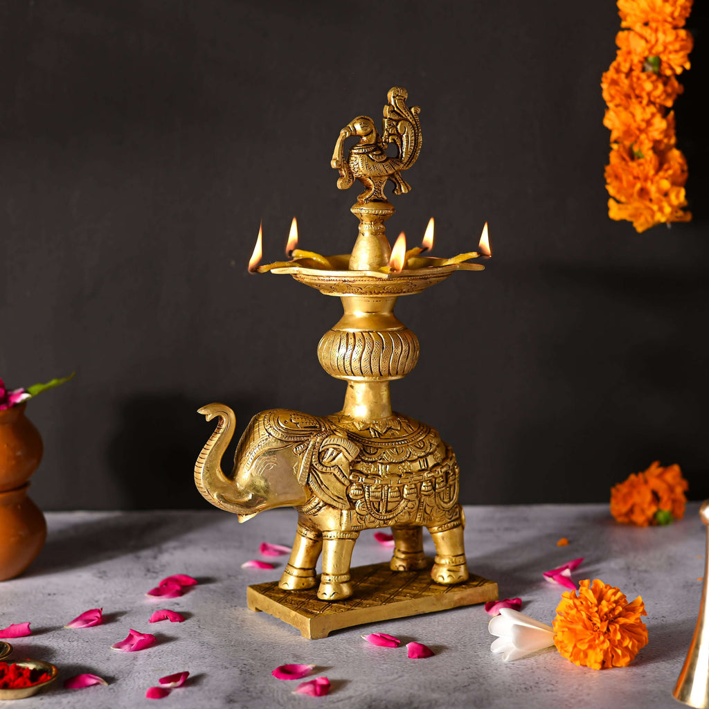 Brass Peacock Diya On Elephant (11.1 Inch) Vedansh Craft