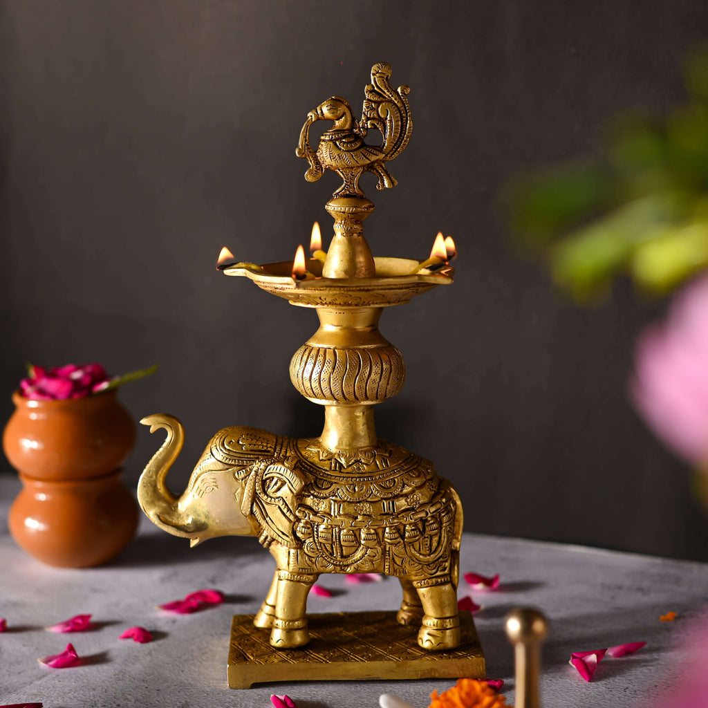 Brass Peacock Diya On Elephant (11.1 Inch) Vedansh Craft