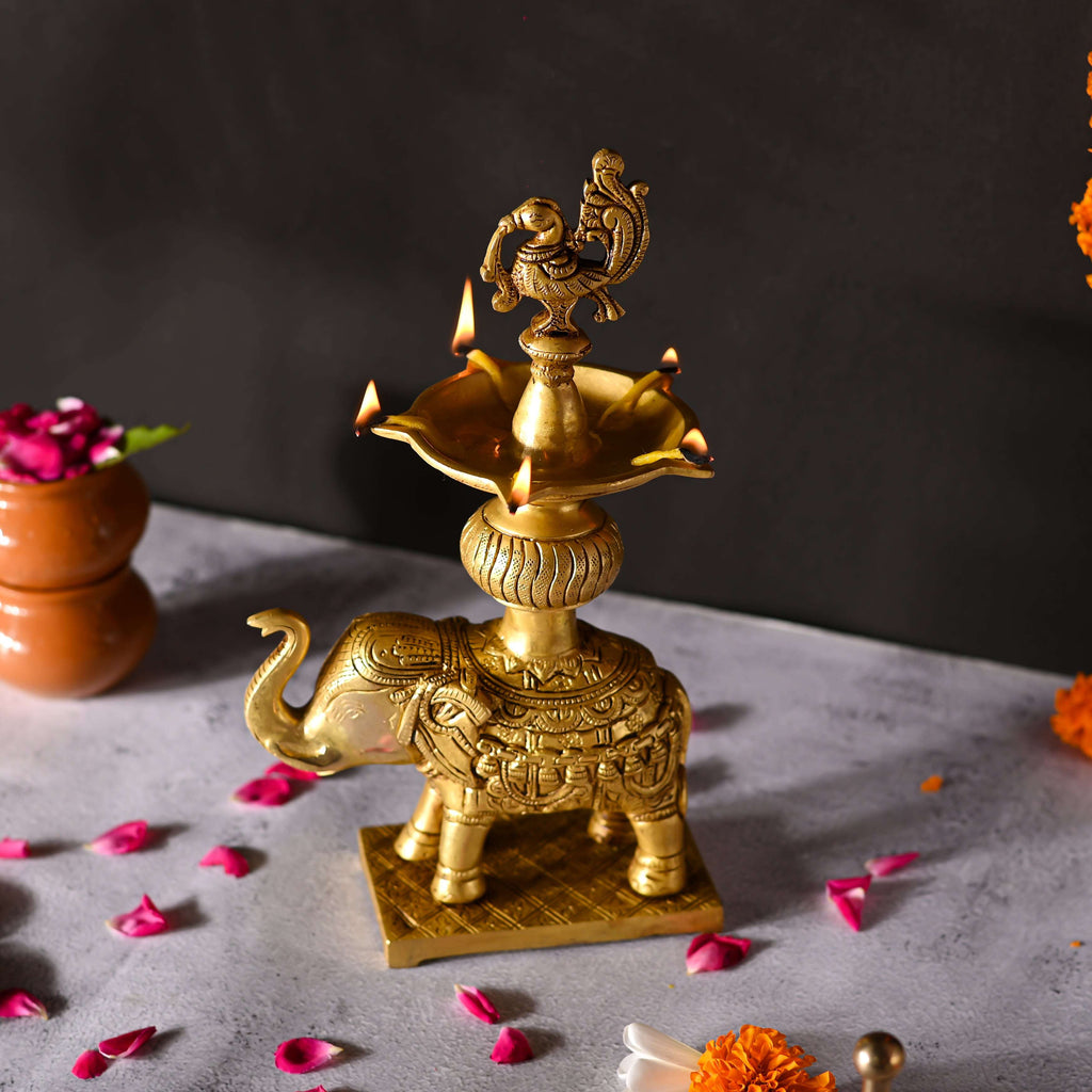 Brass Peacock Diya On Elephant (11.1 Inch) Vedansh Craft