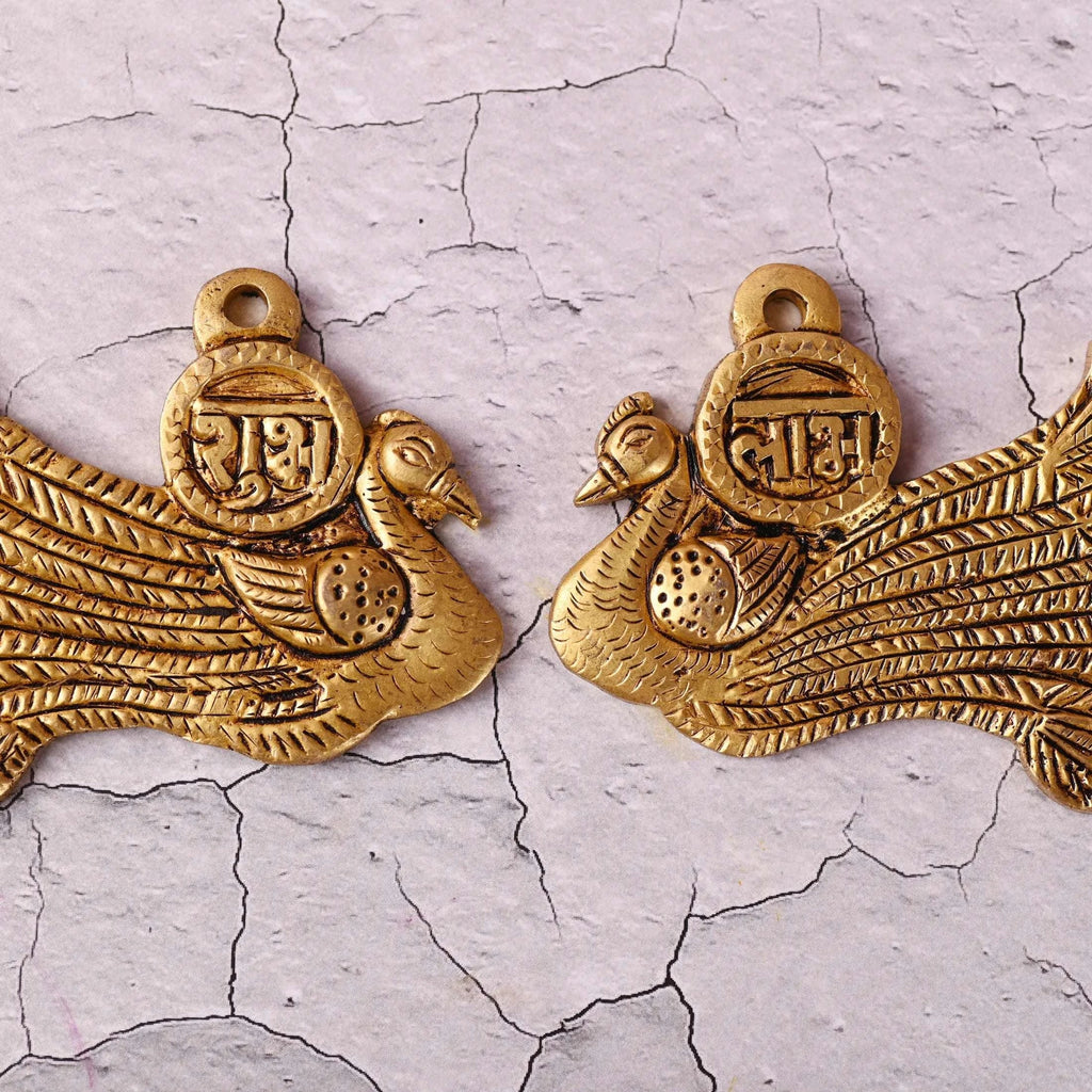 Brass Peacock Shubh Labh Wall Hanging Set (2.8 Inch) Vedansh Craft