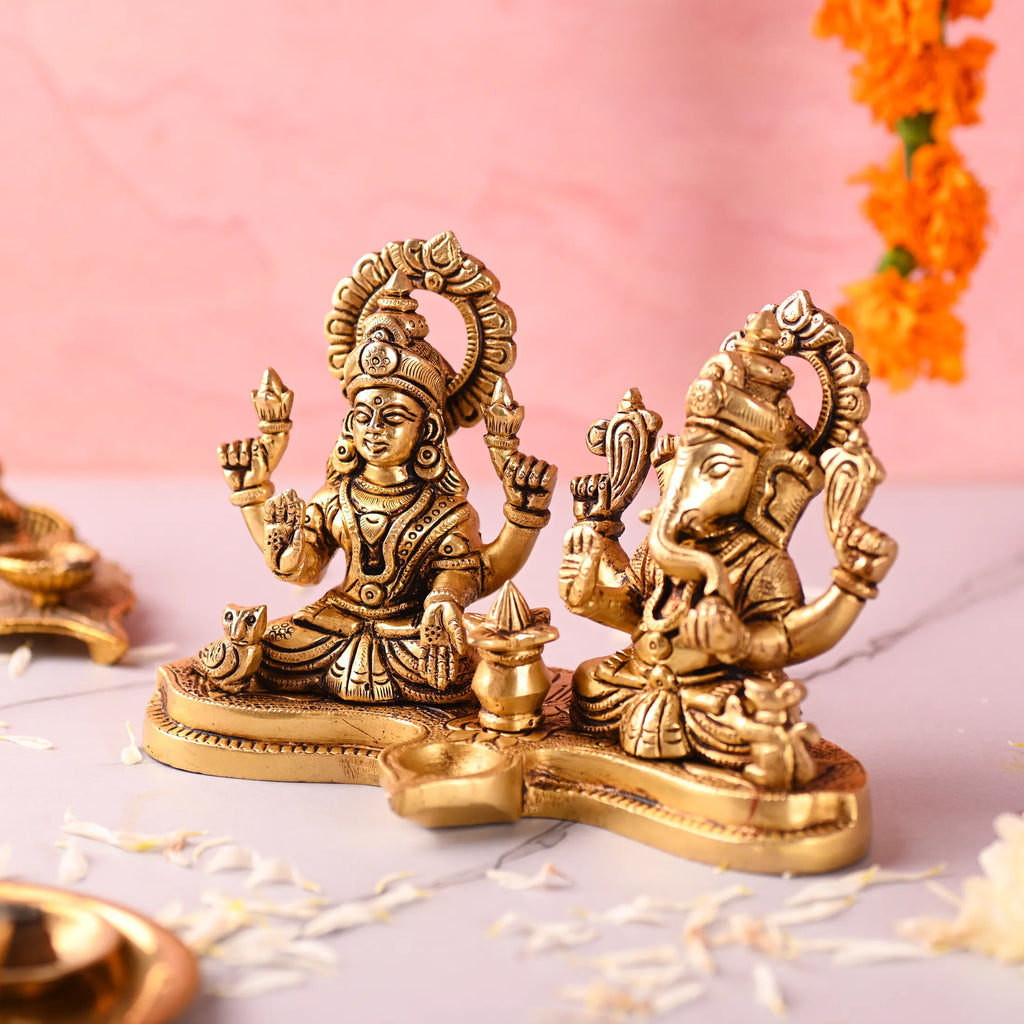 Brass Ganesha and Lakshmi Sitting Idol With Diya (5 Inch) Vedansh Craft
