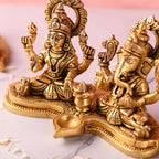 Brass Ganesha and Lakshmi Sitting Idol With Diya (5 Inch) Vedansh Craft