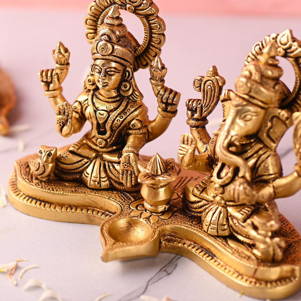 Brass Ganesha and Lakshmi Sitting Idol With Diya (5 Inch) Vedansh Craft