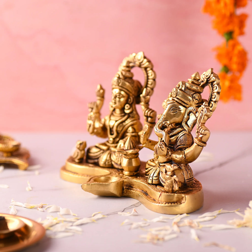Brass Ganesha and Lakshmi Sitting Idol With Diya (5 Inch) Vedansh Craft