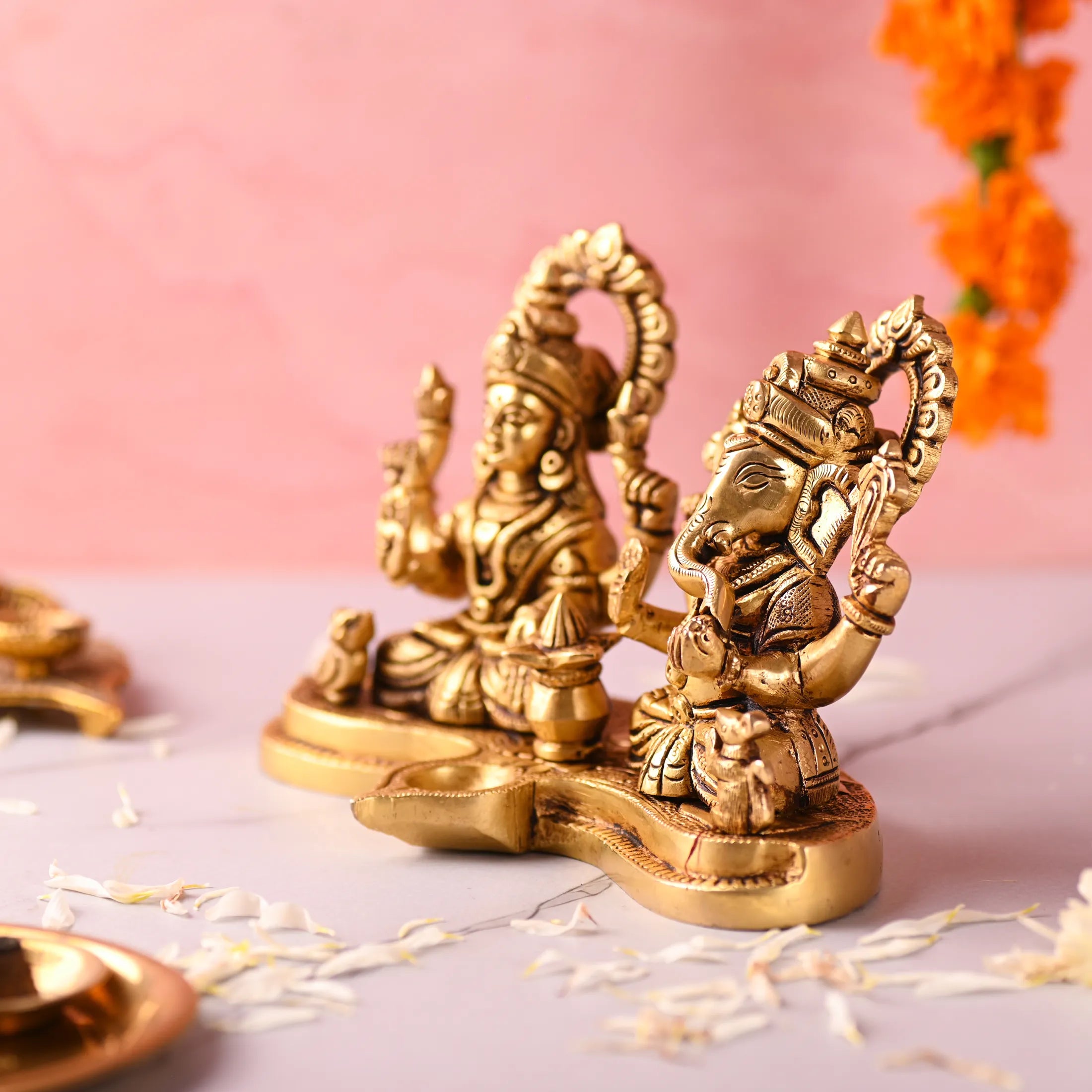 Brass Ganesha and Lakshmi Sitting Idol With Diya (5 Inch) Vedansh Craft