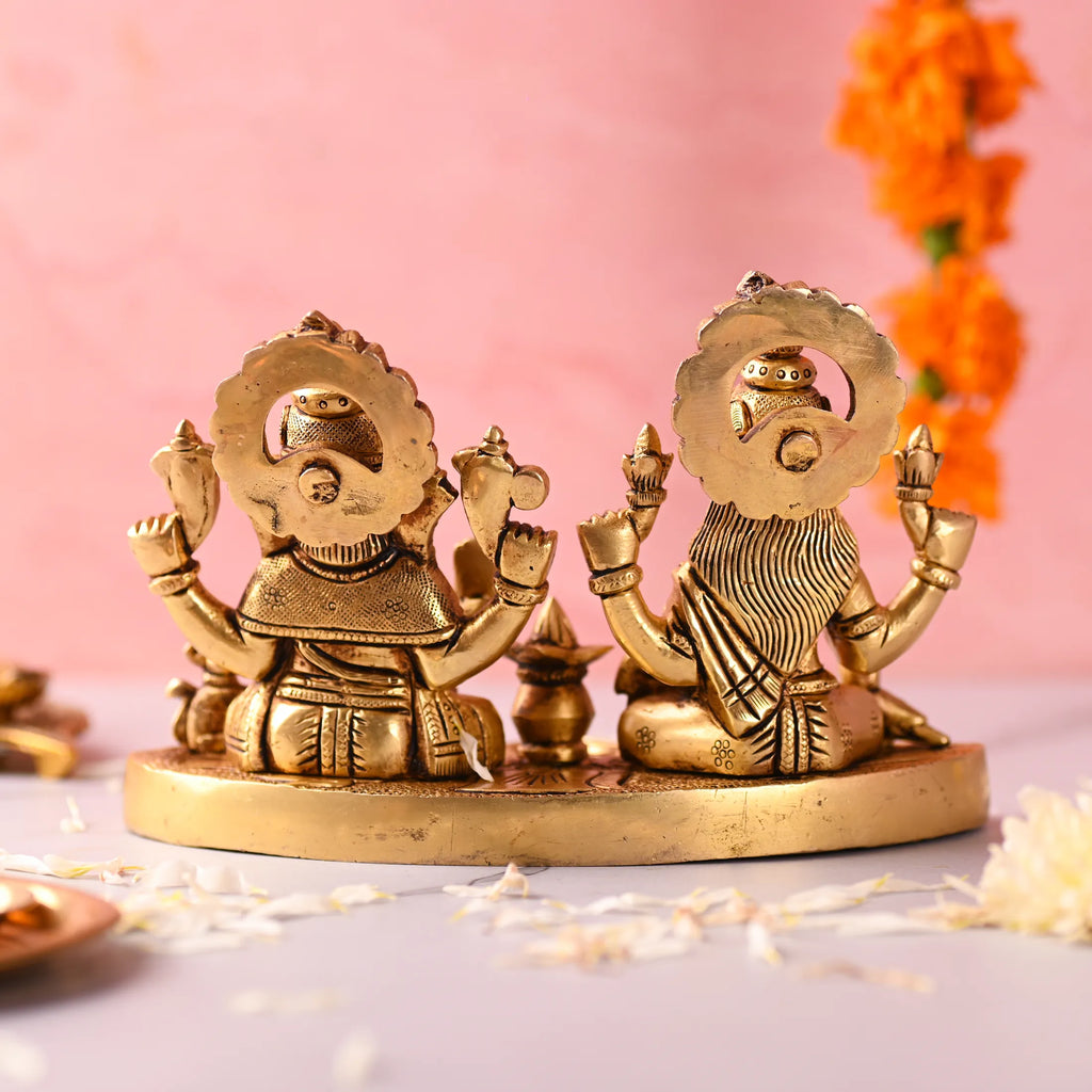 Brass Ganesha and Lakshmi Sitting Idol With Diya (5 Inch) Vedansh Craft