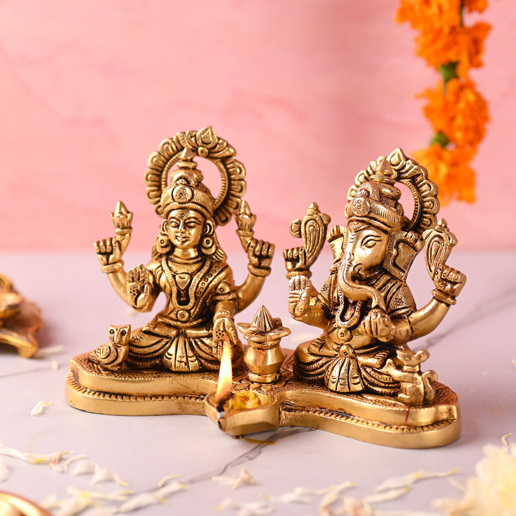 Brass Ganesha and Lakshmi Sitting Idol With Diya (5 Inch) Vedansh Craft