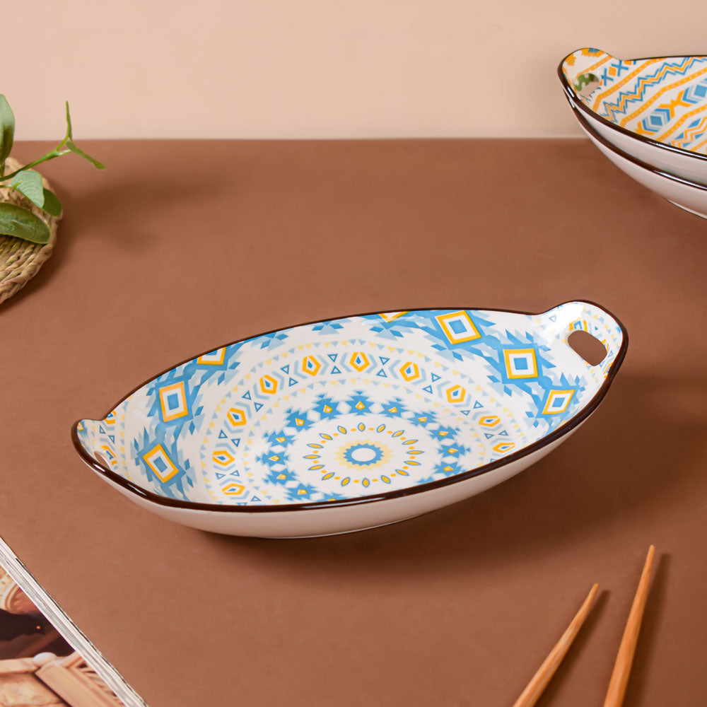 Mandala Yellow Diamond Ceramic Baking Plate With Handle Nestasia