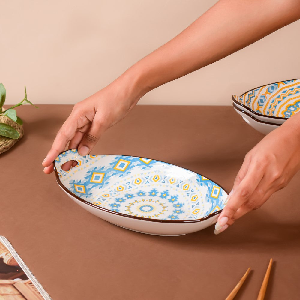 Mandala Yellow Diamond Ceramic Baking Plate With Handle Nestasia