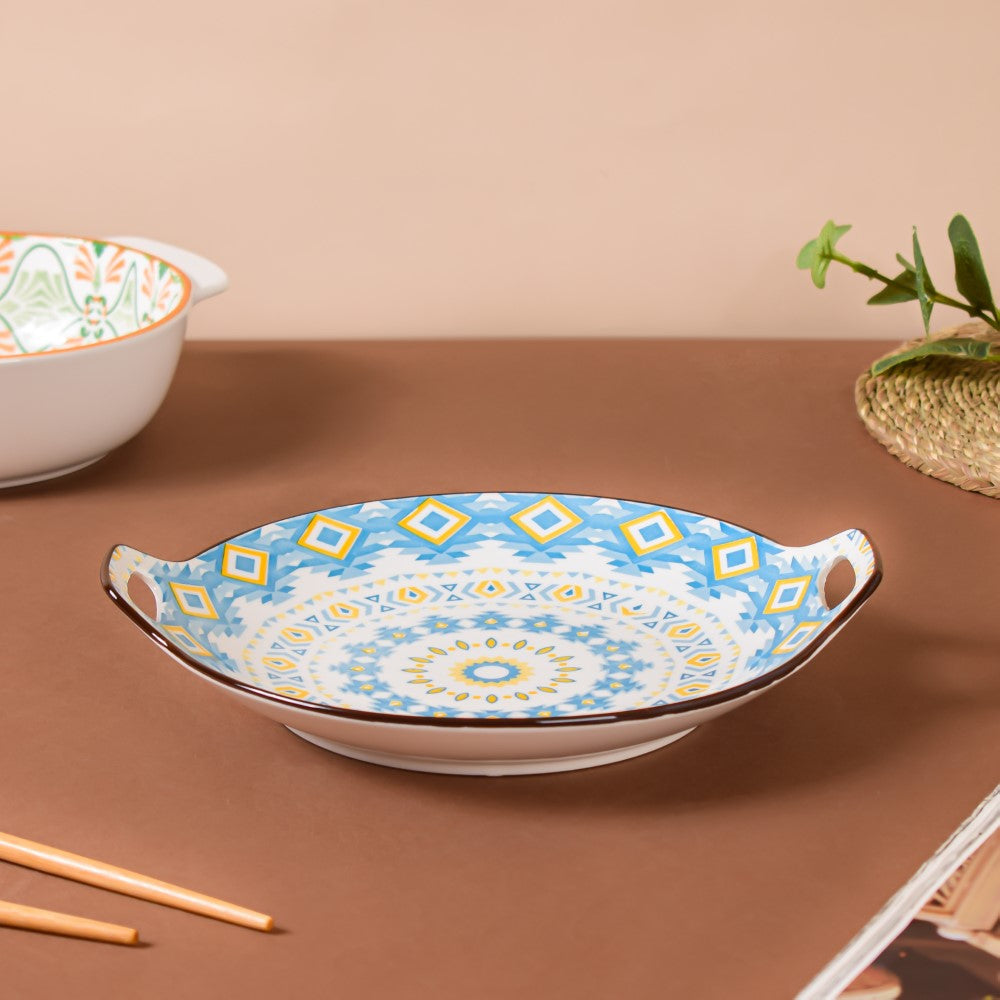 Mandala Blue Ceramic Round Plate With Handle Nestasia