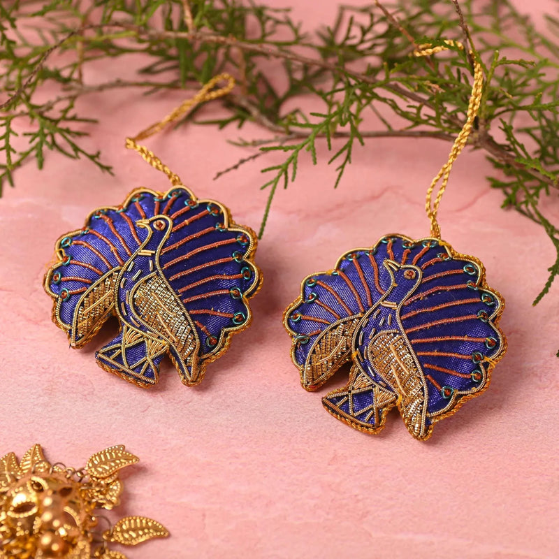 Embroidered Peacock Christmas Tree Hanging Pair (3 Inch) Vedansh Craft