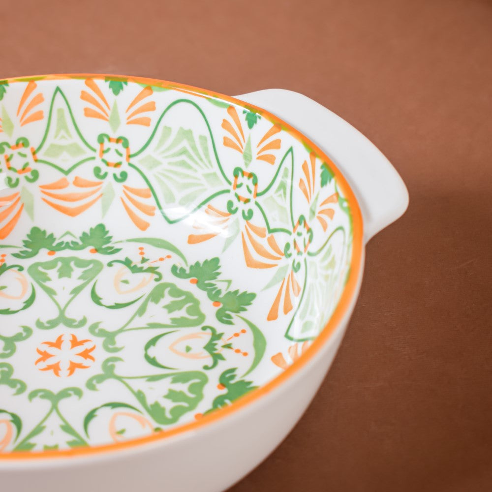 Mandala Green Floral Ceramic Baking Bowl With Handle 9 inch Nestasia
