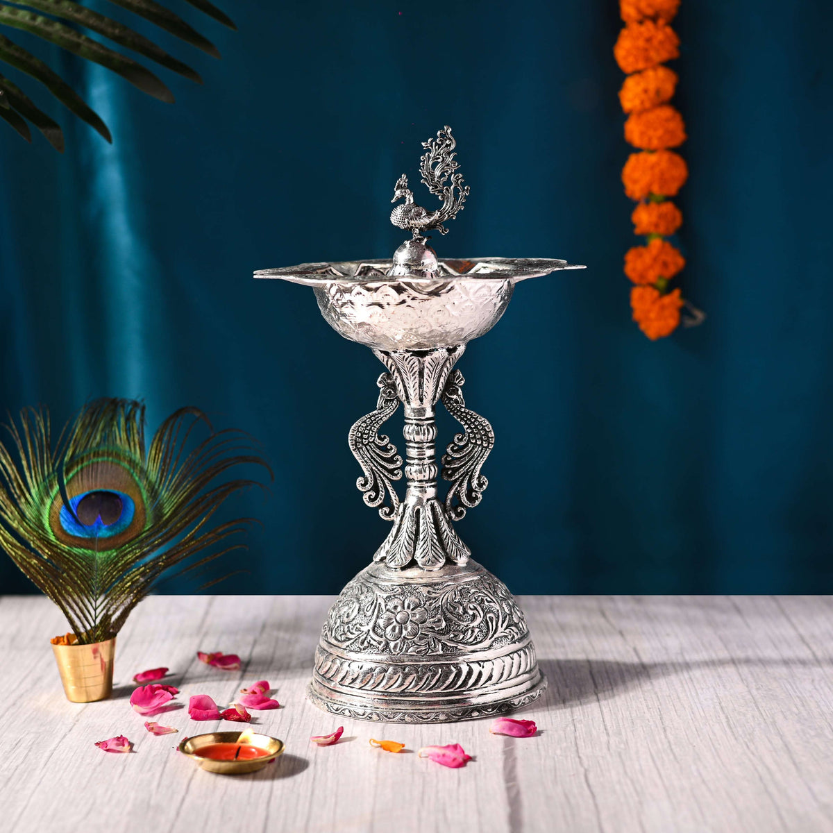 Brass Silver Plated Peacock Five Petal Samai / Lamp (10.5 INCH) Vedansh Craft